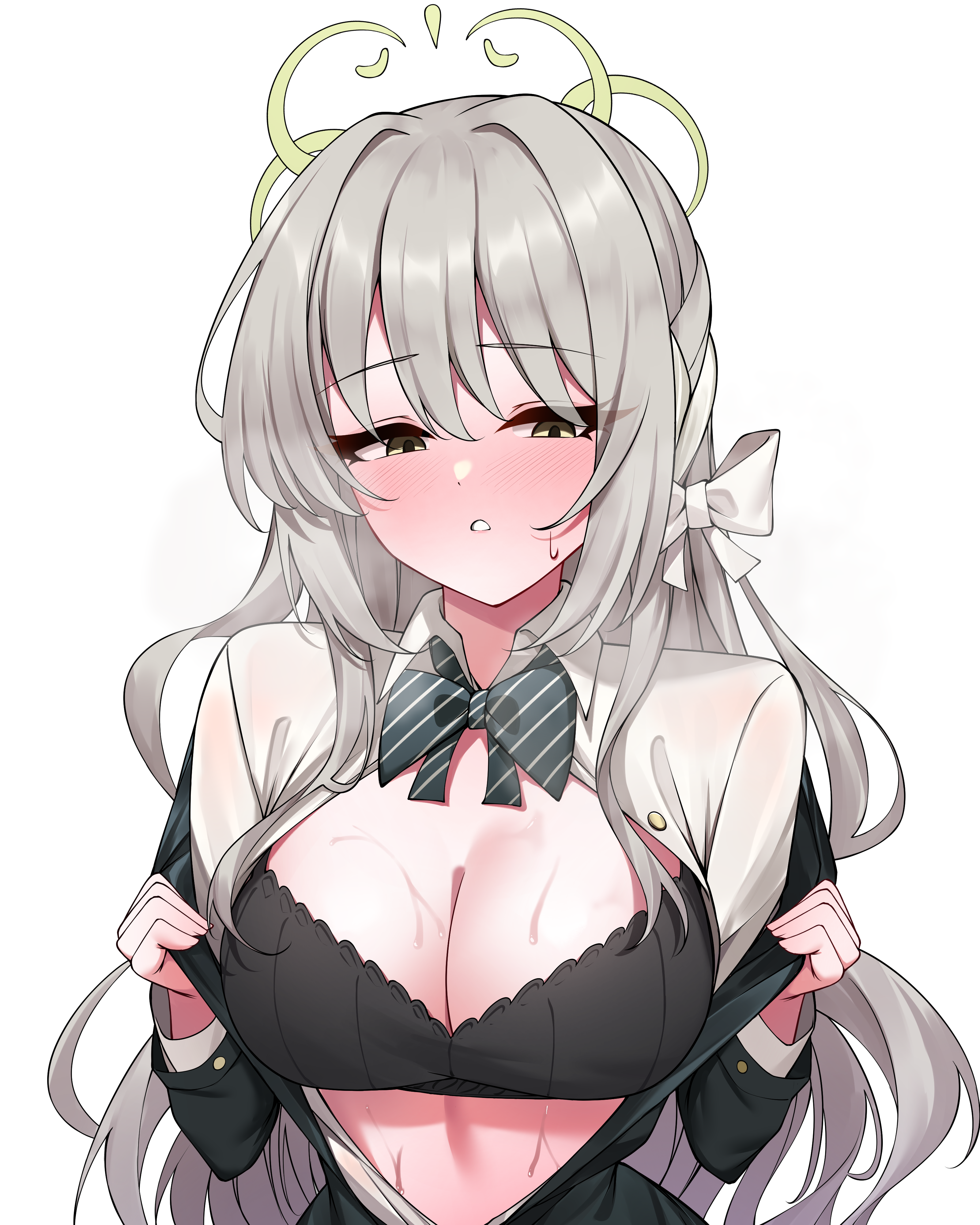 gekhuay, miyo (blue archive), blue archive, hazel eyes, absurdres, commentary, english commentary, highres, 1girl, blush, bow, bowtie, braid, breasts, choppy bangs, cleavage, diagonal-striped bow, diagonal-striped bowtie, diagonal-striped clothes, green halo, hair ribbon, halo, jacket, long hair, looking to the side, open clothes, open jacket, open shirt, partially unbuttoned, ribbon, ribbon braid, shirt, solo, striped bow, striped bowtie, striped clothes, sweat, upper body, white background, white bow, white shirt