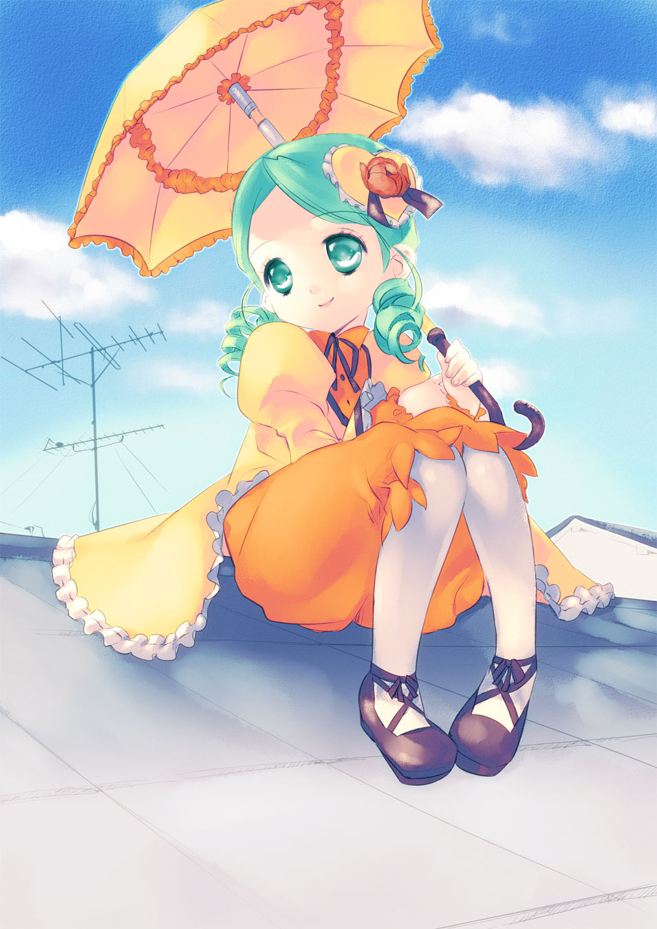 iwaku, kanaria, rozen maiden, highres, 00s, drill hair, green eyes, green hair, pantyhose, rooftop, short hair, sitting, solo, umbrella
