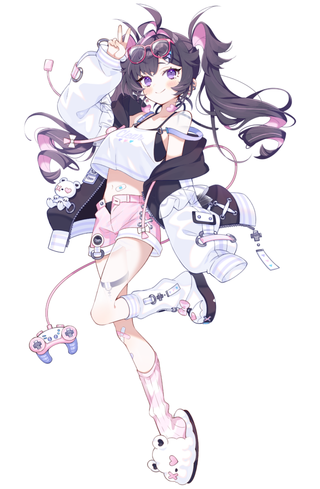 artist request, official art, 1girl, ahoge, bandaid on stomach, black hair, blush, breasts, closed mouth, colored inner hair, controller, eyewear on head, game controller, glasses, long hair, loose socks, mirumika utsutsu, multicolored hair, navel, open fly, pink hair, pink shorts, purple eyes, shorts, slippers, smile, socks, solo, stuffed animal, stuffed toy, teddy bear, transparent background, twintails, v, vebop project, white slippers, white socks