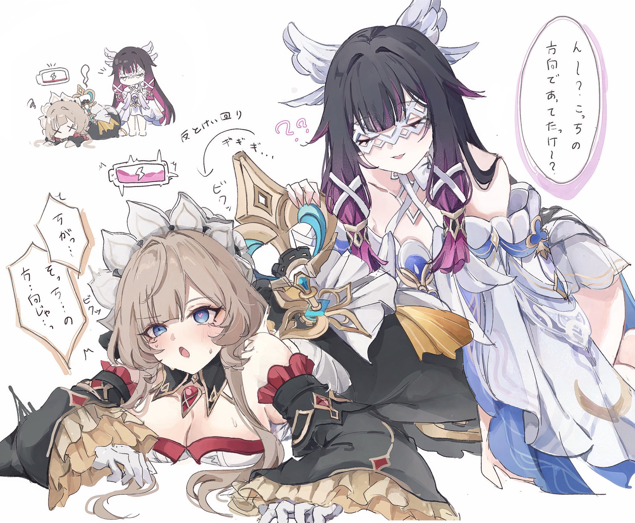 pe eee00, columbina (genshin impact), sandrone (genshin impact), genshin impact, highres, translation request, 2girls, ?, ??, bare shoulders, battery indicator, black dress, black hair, black sleeves, blue eyes, blush, breasts, brown hair, chibi, chibi inset, cleavage, closed eyes, detached collar, detached sleeves, dress, exhausted, eye mask, fainted, frilled sleeves, frills, girl on top, gloves, head wings, headdress, heart, heart in eye, lightning bolt symbol, long hair, medium breasts, multicolored hair, multiple girls, multiple views, notice lines, ohhoai, open mouth, purple hair, sexually suggestive, short hair with long locks, speech bubble, sweat, symbol in eye, unconscious, white background, white dress, white gloves, wide sleeves, winding key, wings, x x