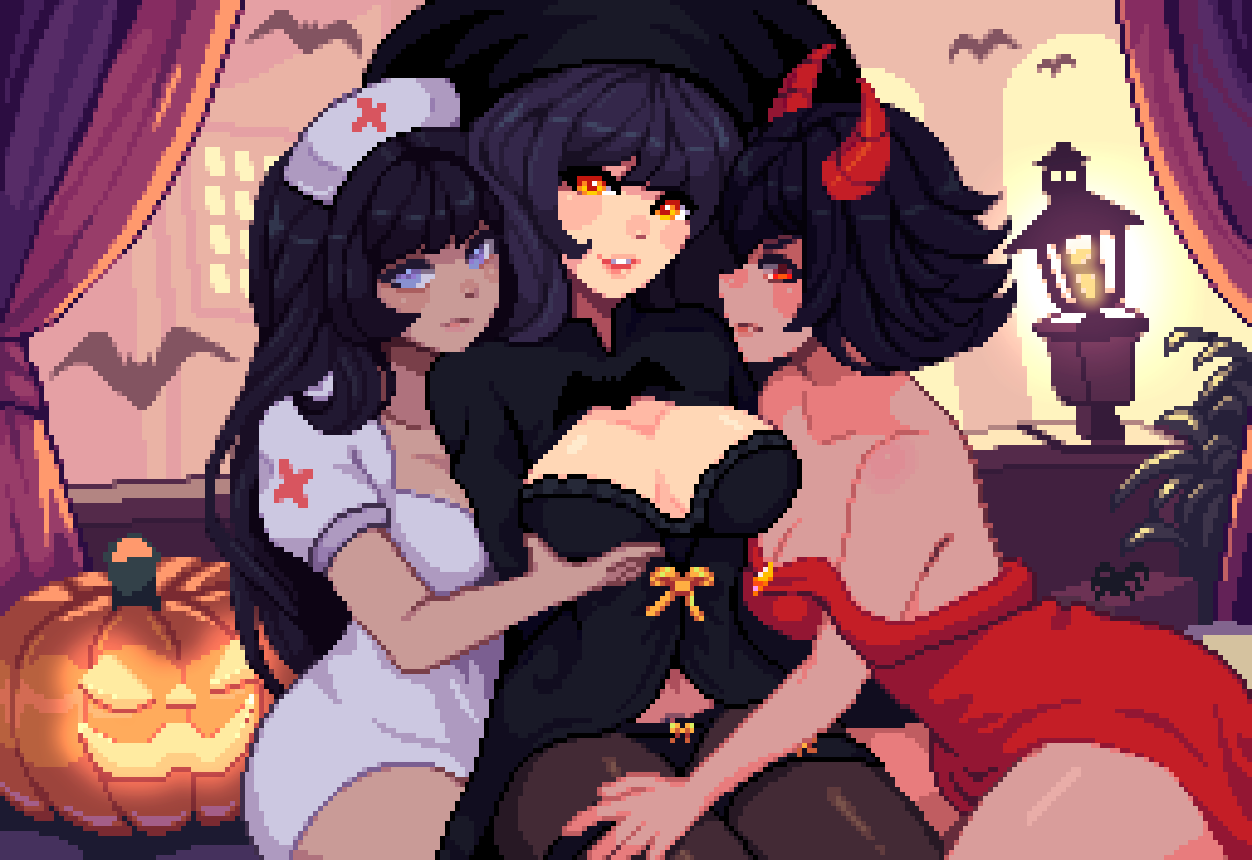 yumykon, kana fujisawa, kari kozhevnikova, netsu kazegawa, yumyverse, commentary request, highres, 3girls, bare shoulders, bat (animal), black hair, breasts, breasts apart, cleavage, collarbone, grabbing another's breast, groping, halloween, halloween costume, hand on another's thigh, hat, horns, jack-o'-lantern, large breasts, long hair, looking at viewer, multiple girls, nurse cap, pixel art, red eyes, short hair, short sleeves, yellow eyes