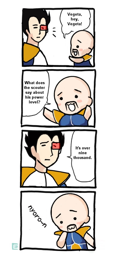 nappa, vegeta, dragon ball, dragonball z, 2boys, 4koma, :3, comic, english text, it's over 9000 (meme), meme, multiple boys, nyoro~n, parody, scouter