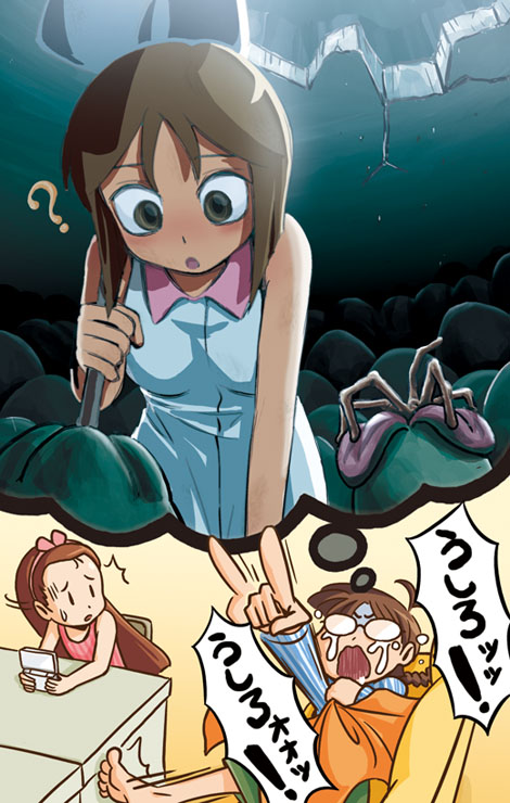 riyo (lyomsnpmp), akizuki ritsuko, facehugger, hagiwara yukiho, minase iori, ovomorph, xenomorph, alien (1979), alien (series), idolmaster, idolmaster (classic), idolmaster 1, translated, 3girls, ?, ^^^, afterimage, alien, barefoot, blanket, braid, brown hair, couch, crying, dreaming, dress, egg, glasses, hairband, handheld game console, hatching, long hair, multiple girls, nightmare, nightmare (bad dream), nintendo ds, opaque glasses, parody, playing games, pointing, short hair, speech bubble, stick, surprised, sweat, sweatdrop, table, tears, thought bubble, turn pale, twin braids, video game