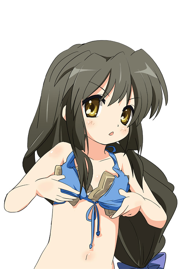ixy, ibuki fuuko, clannad, 00s, 1girl, ayastyle, bare shoulders, bikini, blush, breast padding, breasts, brown eyes, female focus, flat chest, long hair, looking at viewer, navel, simple background, solo, starfish, swimsuit, wardrobe error, you're doing it wrong