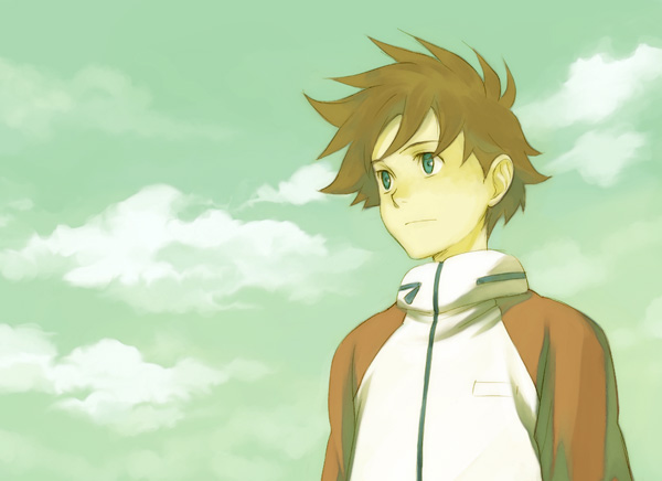 renton thurston, eureka seven, eureka seven (series), 00s, 1boy, blue eyes, brown hair, cloud, day, male focus, outdoors, raglan sleeves, sky, solo, wind