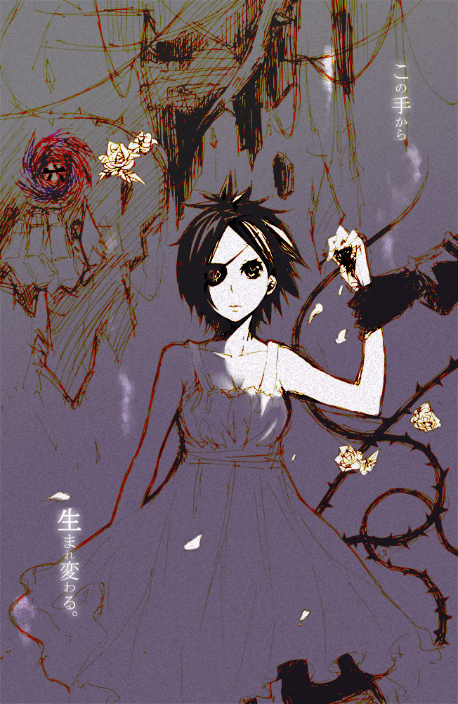 chrome dokuro, katekyo hitman reborn!, 00s, 1girl, eyepatch, female focus, flower, goth fashion, male hand, purple theme, solo, thorns