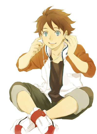renton thurston, eureka seven, eureka seven (series), 00s, 1boy, blue eyes, brown hair, earbuds, earphones, headphones, male focus, open clothes, open shirt, raglan sleeves, shirt, simple background, sitting, solo