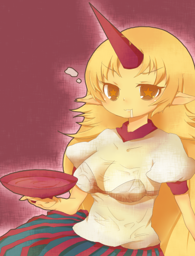 azuma seiji, hoshiguma yuugi, touhou, 1girl, black bra, blonde hair, bra, breasts, cup, drooling, female focus, horns, lingerie, long hair, medium breasts, sakazuki, see-through clothes, shirt, single horn, solo, star-shaped pupils, star (symbol), symbol-shaped pupils, underwear, very long hair, wet, wet clothes, wet shirt