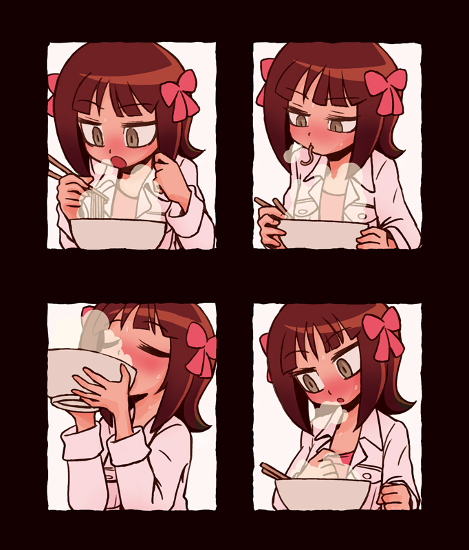 riyo (lyomsnpmp), amami haruka, idolmaster, idolmaster (classic), idolmaster 1, 00s, 1girl, blush, bowl, brown eyes, brown hair, chopsticks, closed eyes, drinking, eating, female focus, food, noodles, ribbon, sexually suggestive, short hair, solo, soup, steam, sweat