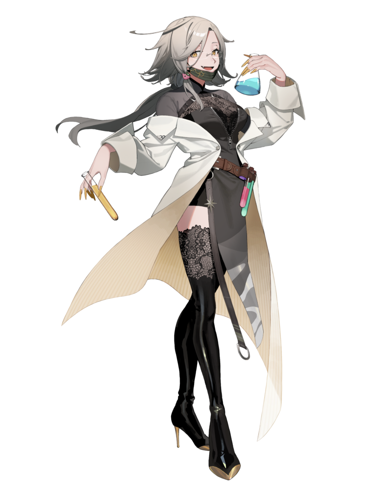 artist request, official art, 1girl, akashi niko, belt, black boots, black dress, boots, brown belt, cat hair ornament, coat, dress, fang, fingernails, grey hair, hair ornament, high heel boots, high heels, holding, holding test tube, holding vial, long fingernails, long sleeves, mask, mask pull, mouth mask, off shoulder, open mouth, smile, solo, test tube, thigh boots, transparent background, vebop project, vial, white coat, yellow eyes, yellow nails, zipper, zipper pull tab