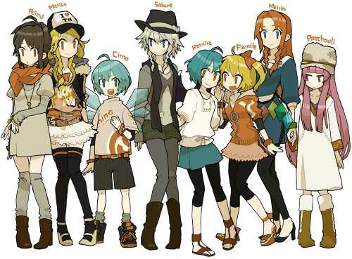 haruo (clownberry), cirno, flandre scarlet, hakurei reimu, hong meiling, izayoi sakuya, kirisame marisa, patchouli knowledge, remilia scarlet, embodiment of scarlet devil, touhou, lowres, 6+girls, ahoge, alternate costume, autumn, blonde hair, casual, character name, circled 9, contemporary, english text, female focus, multiple girls, profanity, thighhighs