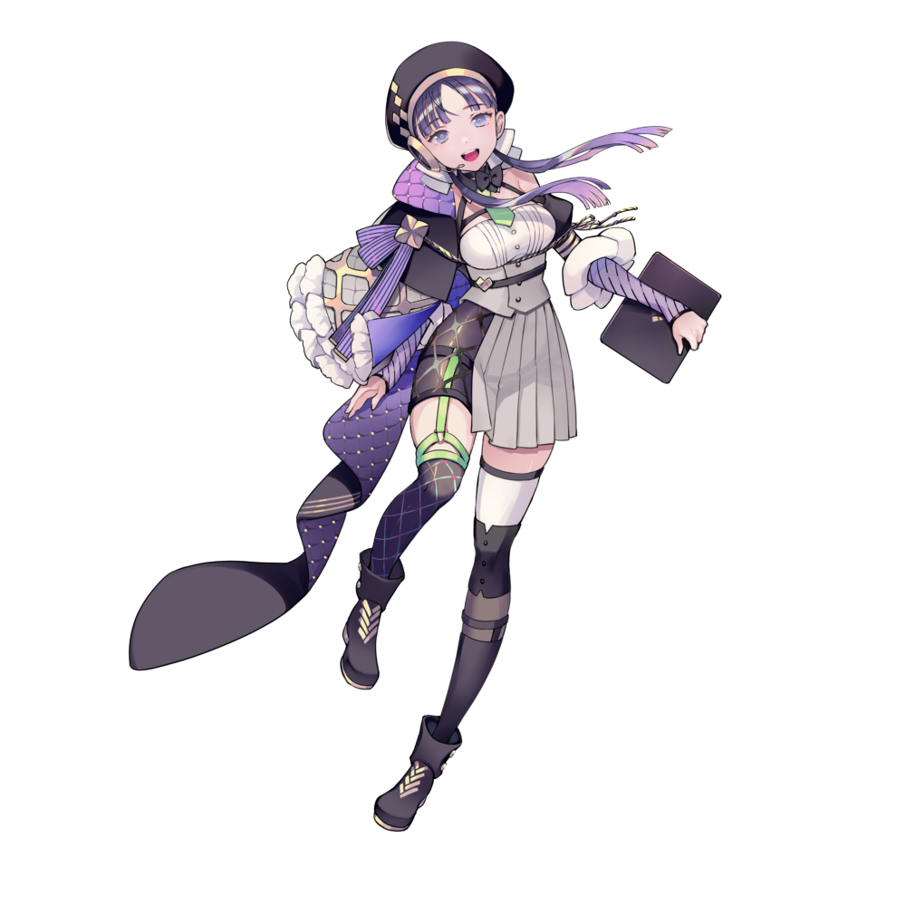 artist request, official art, 1girl, black boots, black bow, black bowtie, black hair, black hat, black thighhighs, blue eyes, boots, bow, bowtie, breasts, corset, dress, fumizuki kanna, hat, holding, long hair, long sleeves, mismatched thighhighs, open mouth, pleated dress, smile, solo, thighhighs, transparent background, vebop project, white corset, white dress, white thighhighs
