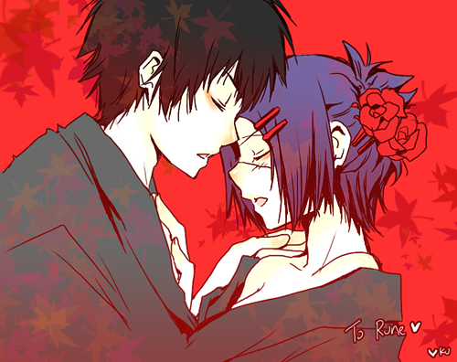 kurot, chrome dokuro, hibari kyouya, katekyo hitman reborn!, lowres, 00s, 1boy, 1girl, blue hair, closed eyes, couple, eyepatch, flower, hair ornament, hairclip, hetero, hug, leaf, maple leaf, off shoulder, red background, red theme, short hair