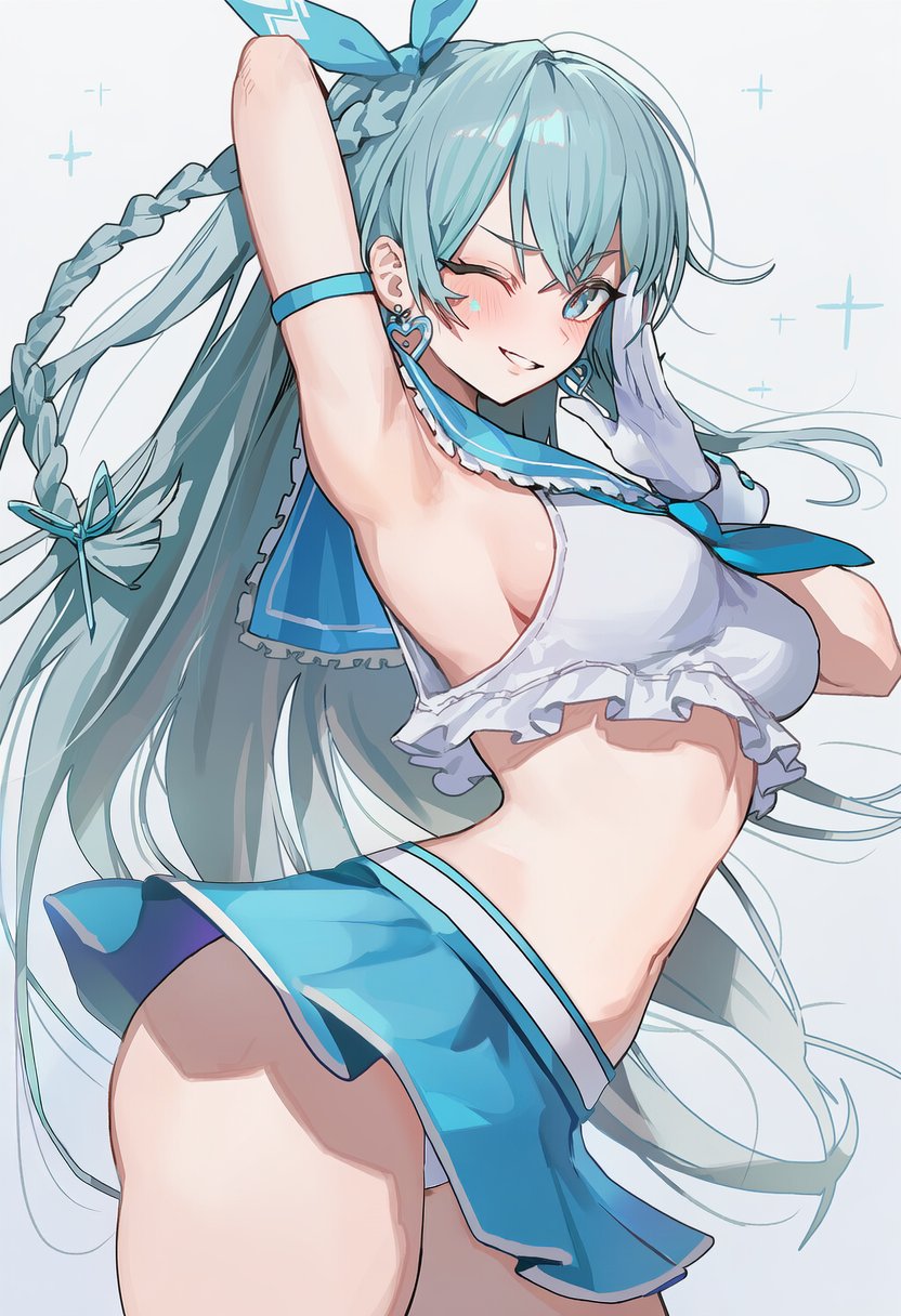 emma hardy, black survival, eternal return: black survival, highres, 1girl, aqua eyes, aqua hair, aqua ribbon, arched back, arm behind head, arm strap, arm up, armpits, ass, beckoning, blue sailor collar, blue skirt, blush, braid, breasts, cowboy shot, earrings, frills, gloves, hair ribbon, heart, heart earrings, illustchuki, jewelry, looking at viewer, medium breasts, midriff, miniskirt, navel, panties, panty peek, parted lips, pleated skirt, ribbon, sailor collar, sideboob, single braid, skirt, smile, solo, sparkle, underwear, white gloves, white panties