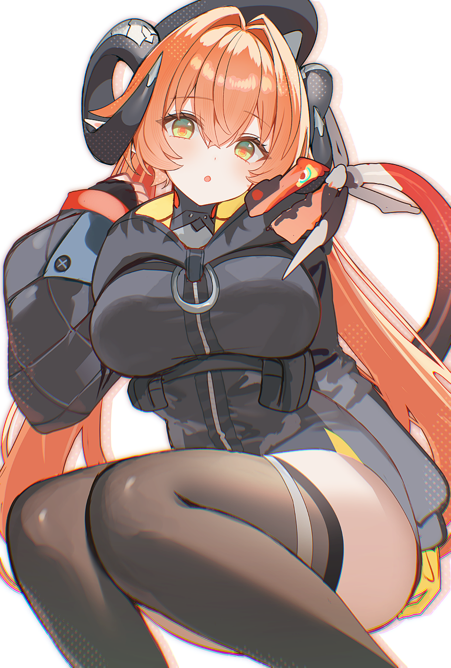 magus (zenless zone zero), orphie magnusson, zenless zone zero, highres, 1girl, black gloves, black hoodie, black thighhighs, breasts, dragon girl, dragon horns, dragon tail, fingerless gloves, gloves, green eyes, hood, hoodie, horns, large breasts, long hair, looking at viewer, mechanical tail, mocchiri290, open mouth, red hair, solo, tail, thighhighs, twintails, very long hair
