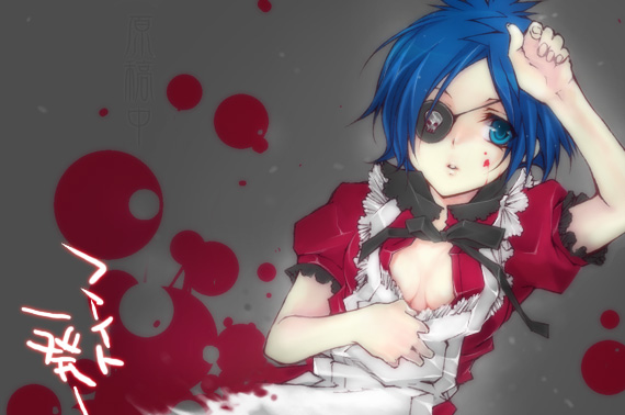 chrome dokuro, katekyo hitman reborn!, tired, 00s, 1girl, blood, blue eyes, blue hair, breasts, eyepatch, female focus, goth fashion, gradient background, matching hair/eyes, skull, solo, undressing