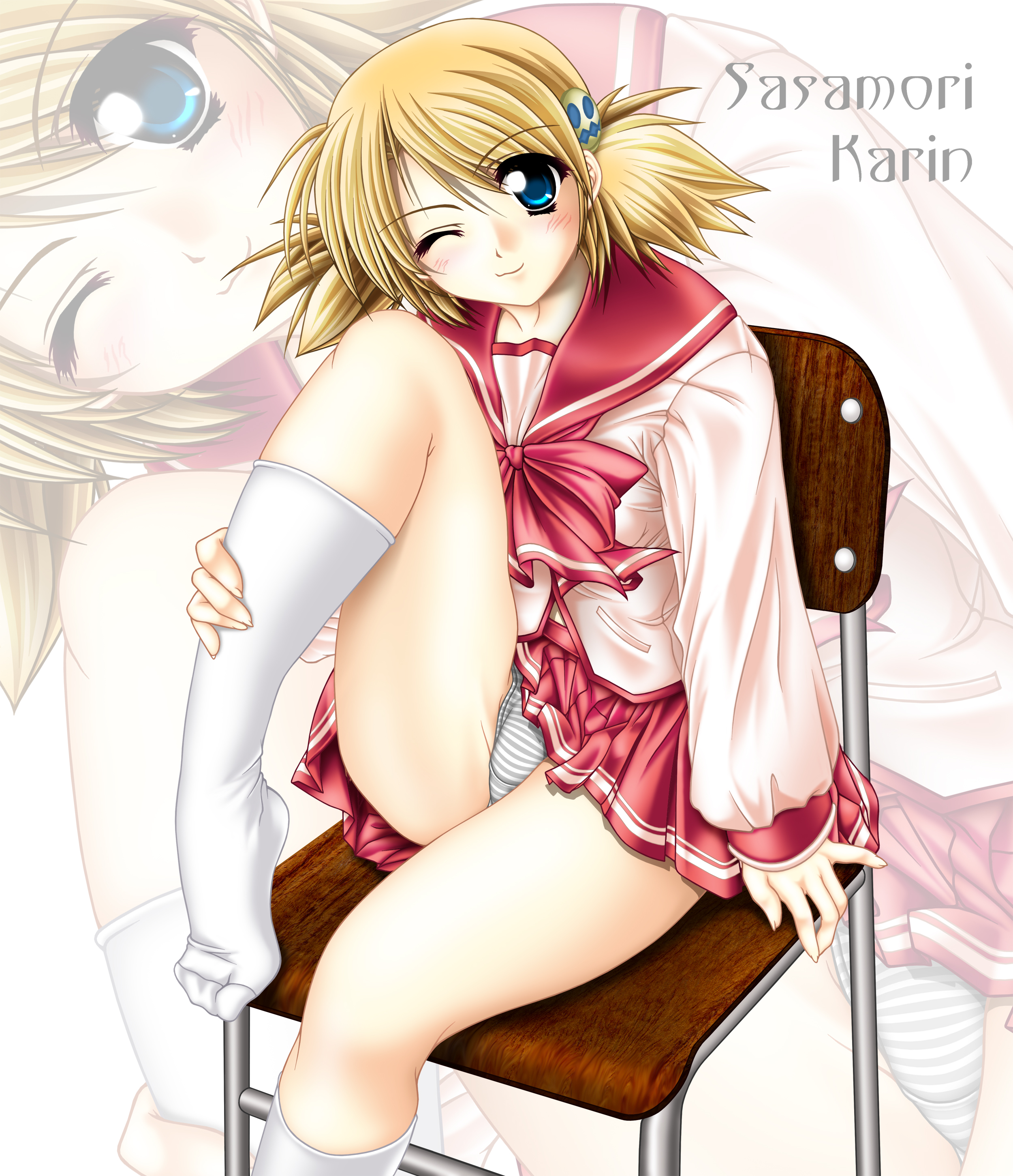 tomoya kankurou, sasamori karin, to heart (series), to heart 2, absurdres, highres, 00s, blonde hair, blue eyes, character name, one eye closed, panties, plantar flexion, school uniform, serafuku, sitting, solo, striped clothes, striped panties, underwear, wink, zoom layer
