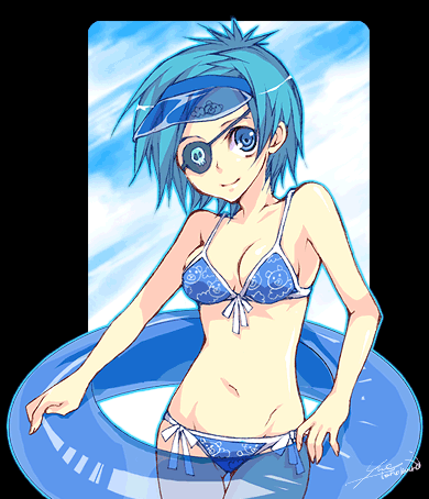 yue (lov n n), chrome dokuro, katekyo hitman reborn!, visor, lowres, 00s, 1girl, bikini, blue eyes, blue hair, eyepatch, female focus, innertube, matching hair/eyes, signature, skull, smile, solo, swim ring, swimsuit, visor cap, watermark