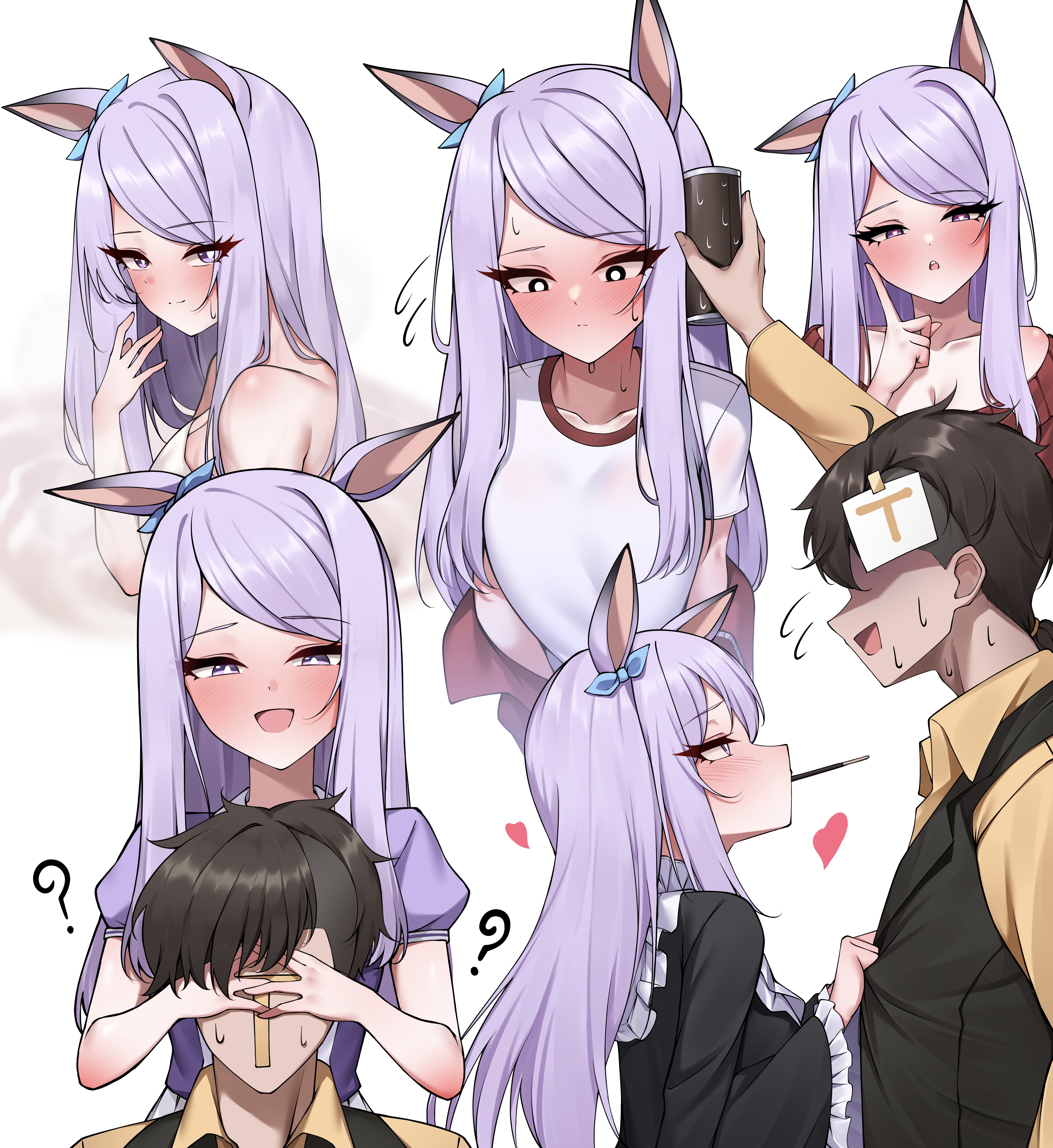 gekhuay, mejiro mcqueen (umamusume), trainer (umamusume), umamusume, absurdres, highres, 1boy, 1girl, ?, animal ears, black dress, blush, bow, can, can to cheek, covering another's eyes, dress, ear bow, ear ribbon, food, food in mouth, frilled jacket, frilled sleeves, frills, from side, guess who, gym shirt, hand over another's eyes, hands on another's face, heart, holding, holding can, horse ears, horse girl, jacket, long hair, looking at viewer, multiple views, pocky, pocky in mouth, pov, purple eyes, purple hair, school uniform, shirt, smile, solo focus, tracen school uniform