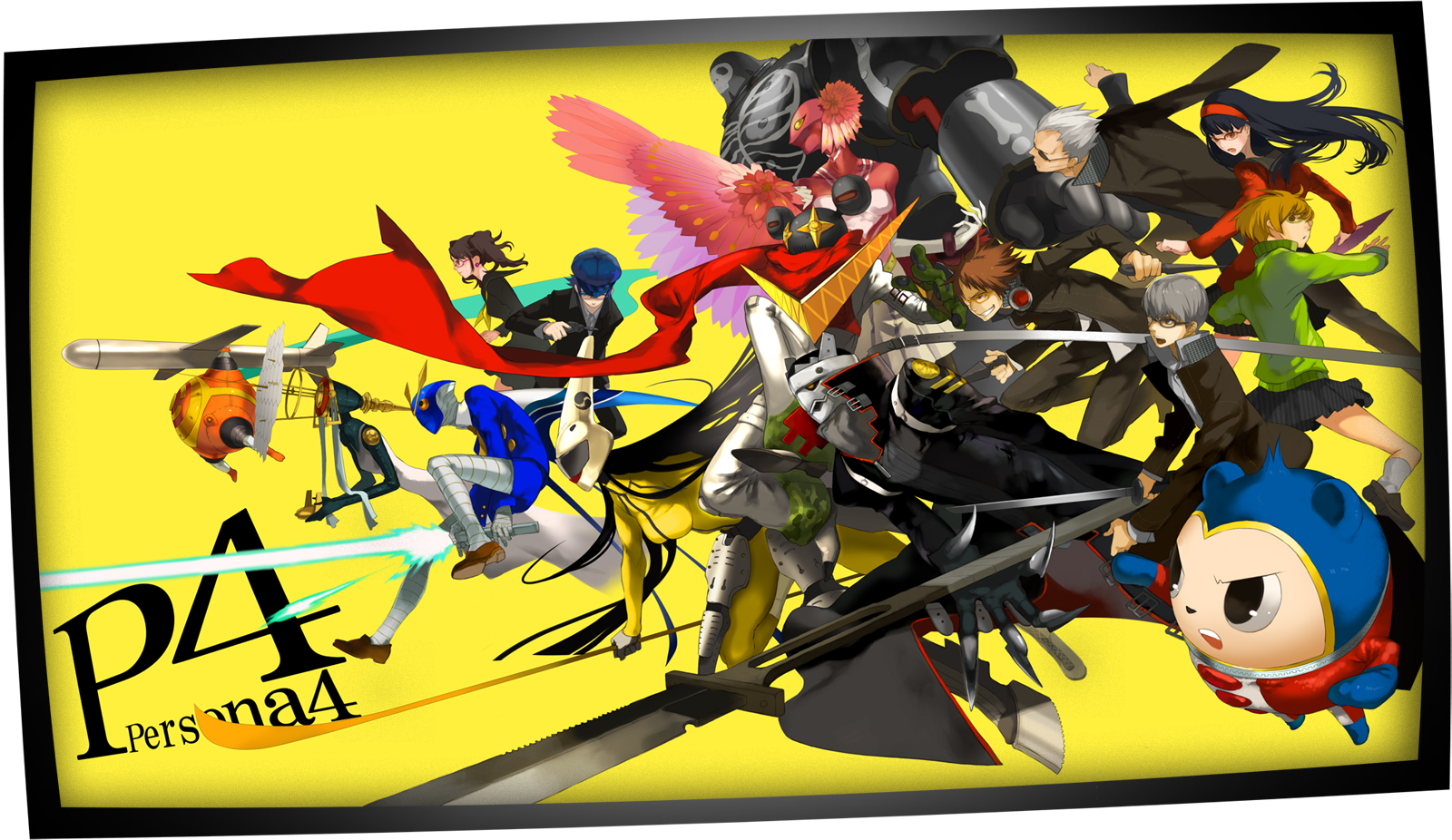jimu kaji, kajimiya (kaji), amagi yukiko, hanamura yousuke, kujikawa rise, kuma (persona 4), narukami yu, satonaka chie, shirogane naoto, tatsumi kanji, atlus, persona, persona 4, highres, 3boys, 4girls, everyone, glasses, hat, multiple boys, multiple girls, school uniform, serafuku, sword, weapon