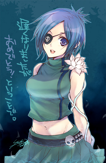 yue (lov n n), chrome dokuro, katekyo hitman reborn!, 00s, 1girl, blue eyes, blue hair, eyepatch, female focus, flower, lotus, matching hair/eyes, navel, skull, smile, solo, upper body