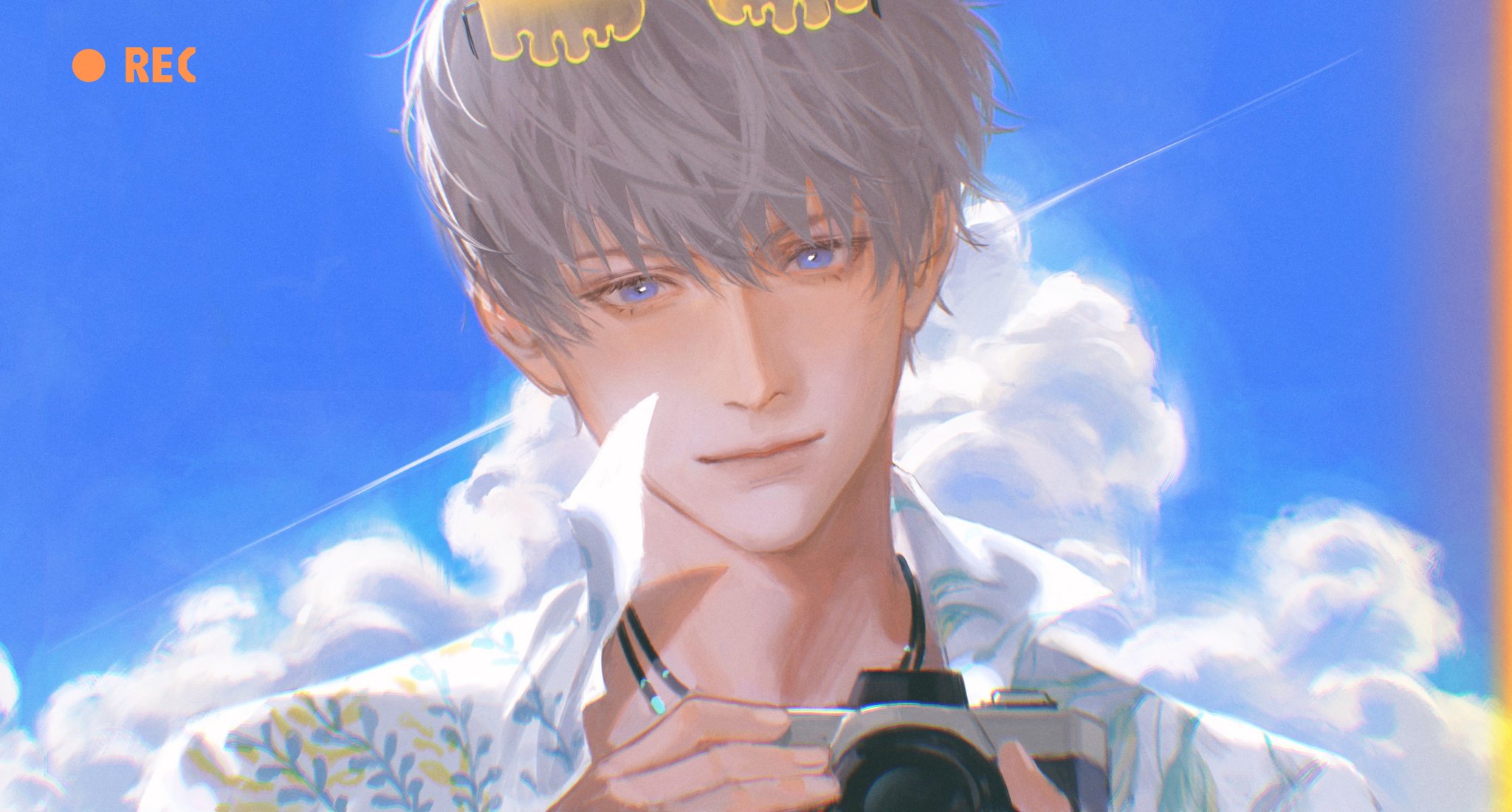 orihara0820, xavier (love and deepspace), love and deepspace, highres, 1boy, blue eyes, blue sky, camera, closed mouth, cloud, eyewear on head, grey hair, holding, holding camera, jewelry, light smile, looking at viewer, male focus, necklace, recording, shirt, short hair, sky, solo, tinted eyewear, upper body, white shirt, yellow-tinted eyewear