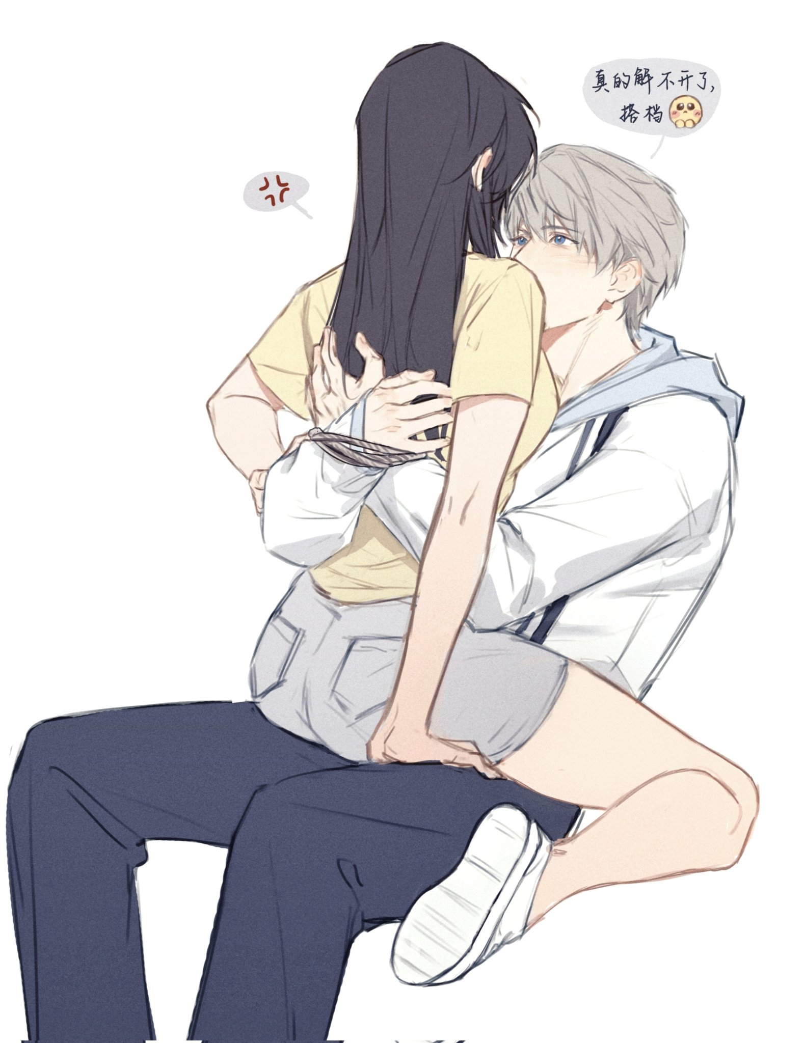 orihara0820, protagonist (love and deepspace), xavier (love and deepspace), love and deepspace, highres, 1boy, 1girl, anger vein, assertive female, black hair, black pants, blue eyes, bound, bound wrists, chinese text, couple, emoji, grey hair, grey shorts, hetero, hood, hoodie, hug, orange shirt, pants, pleading face emoji, shirt, shoes, short hair, shorts, simple background, sitting, straddling, t-shirt, upright straddle, white background, white hoodie, white shoes
