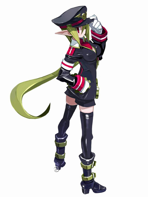 harada takehito, salvatore, salvatore (disgaea), disgaea, makai senki disgaea 3, nippon ichi, 1girl, armband, black hat, boots, female focus, hat, long hair, pointy ears, red eyes, shorts, solo, thighhighs, very long hair