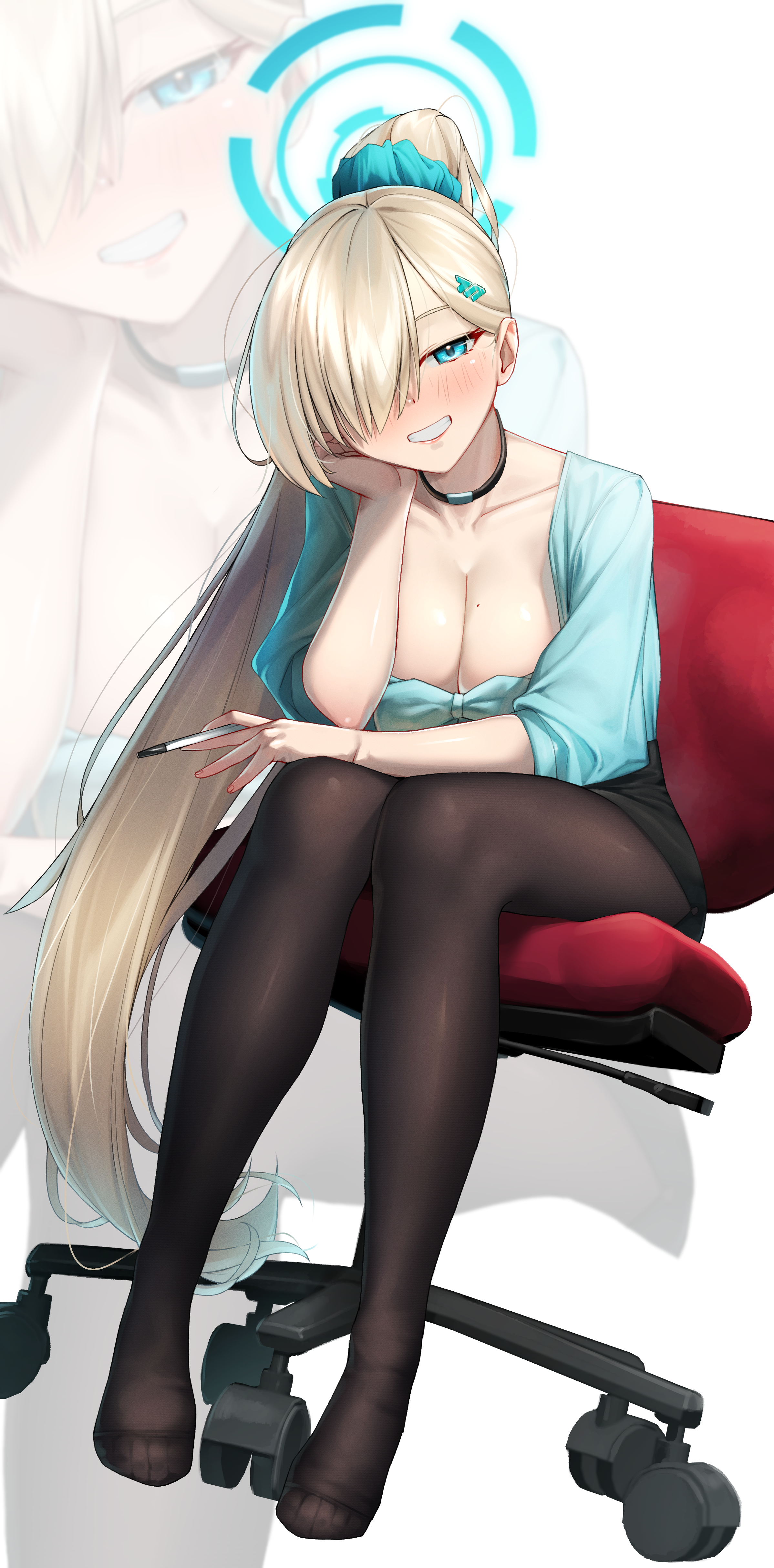 walking nakta, asuna (blue archive), blue archive, absurdres, highres, 1girl, alternate costume, black choker, black pantyhose, blue eyes, blue halo, breasts, chair, choker, cleavage, collarbone, elbow rest, full body, hair over one eye, halo, hand on own cheek, hand on own face, head rest, holding, holding pen, large breasts, long hair, looking at viewer, mole, mole on breast, no shoes, office chair, office lady, pantyhose, pen, ponytail, sitting, smile, solo, swivel chair, zoom layer