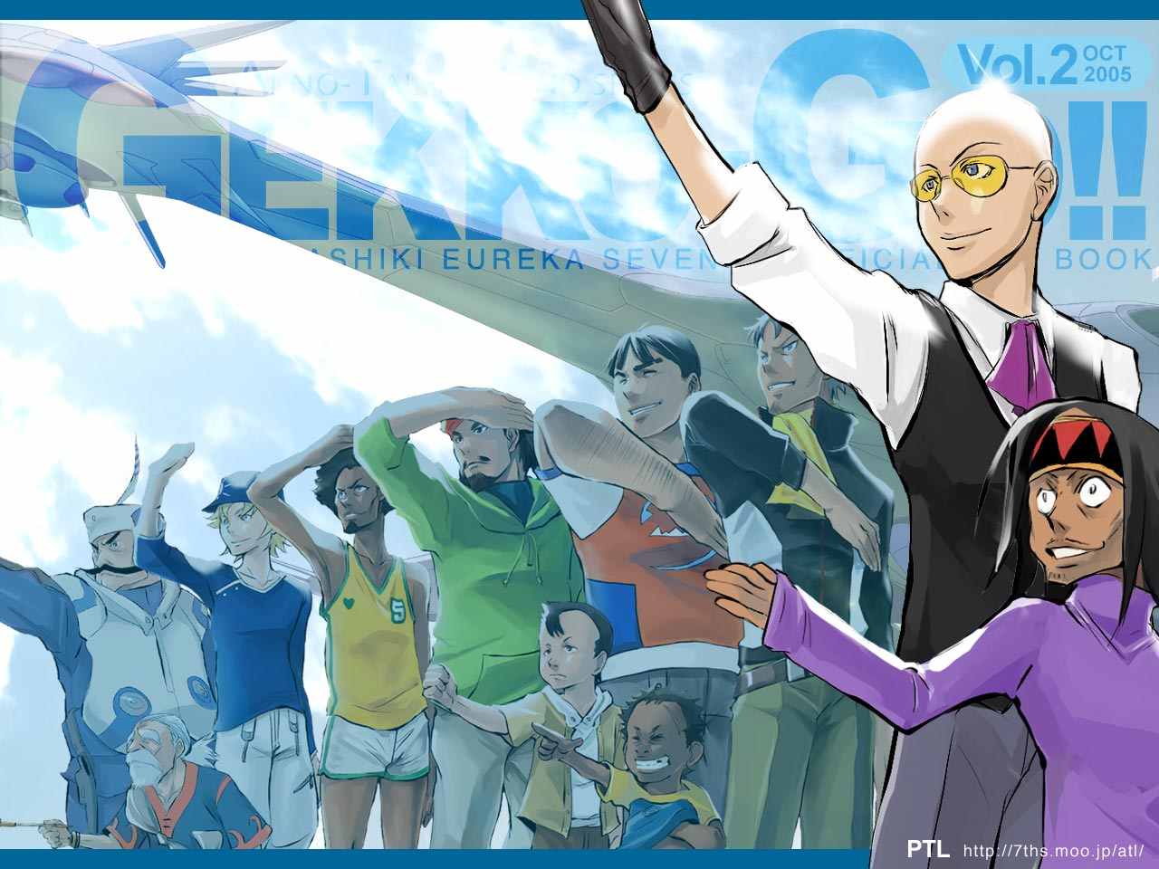 nanase masato, gonzy, hap, holland novak, jobs, ken-goh, linck, matthieu, maurice, moondoggie, stoner, woz, eureka seven, eureka seven (series), overman king gainer, jpeg artifacts, 6+boys, everyone, male focus, multiple boys, parody, salute