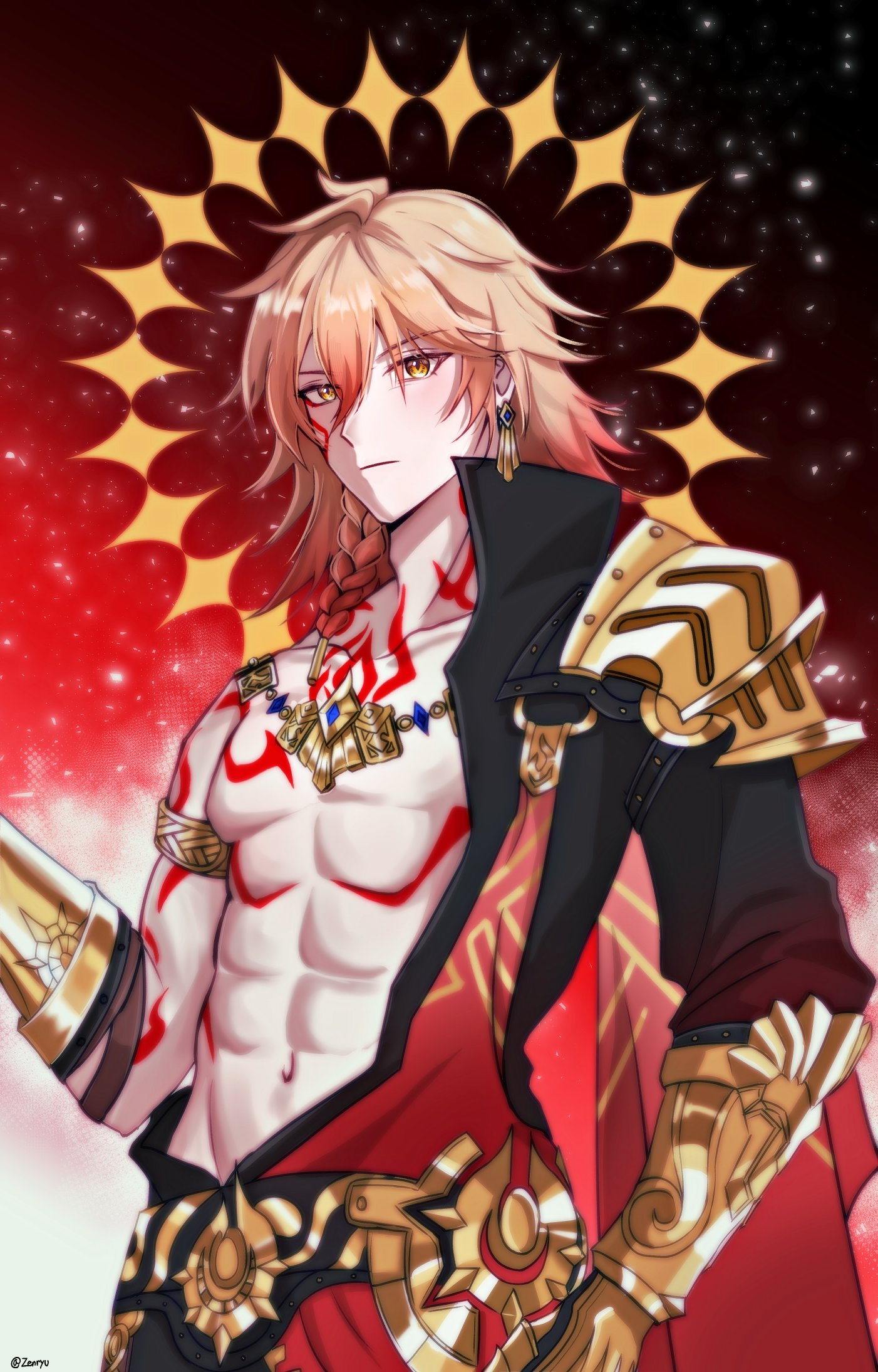 mydei (honkai: star rail), honkai: star rail, honkai (series), commentary, highres, 1boy, abs, armlet, armor, black coat, blonde hair, braid, chest tattoo, coat, earrings, facial tattoo, gold earrings, gold necklace, gradient hair, jewelry, male focus, medium hair, multicolored hair, necklace, open clothes, open coat, pauldrons, red hair, red tattoo, shoulder armor, side braid, single pauldron, solo, tattoo, toned, toned male, twitter username, x zenryu, yellow eyes