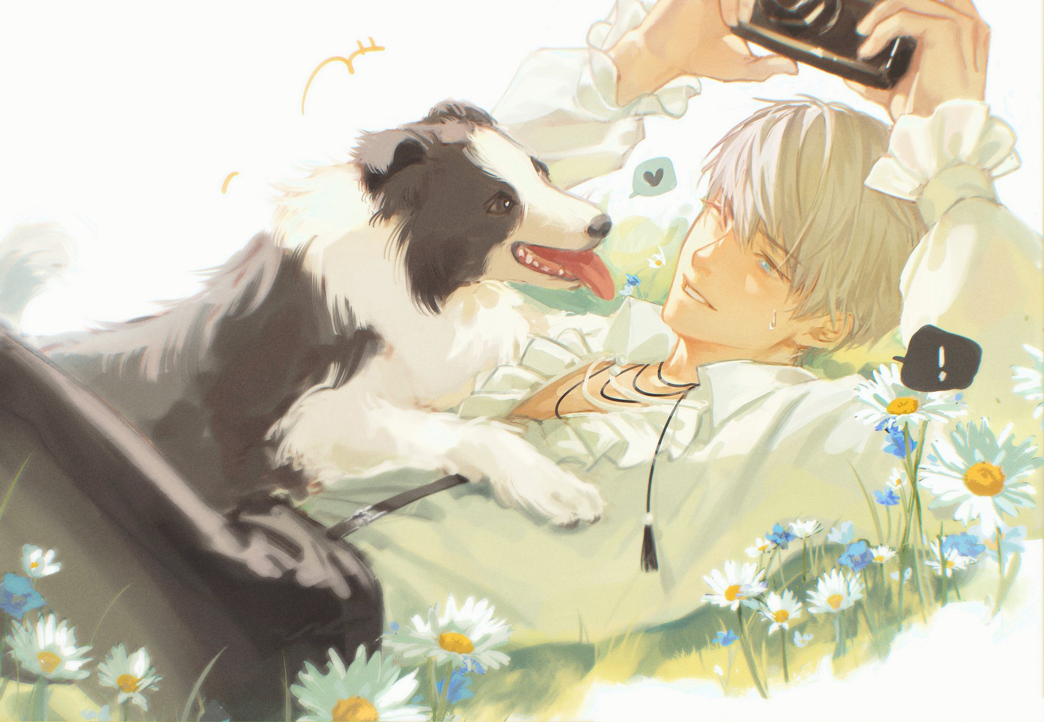 orihara0820, xavier (love and deepspace), love and deepspace, highres, !, 1boy, black pants, blue eyes, blue flower, border collie, camera, dog, field, flower, flower field, frilled shirt, frills, holding, holding camera, lying, male focus, on back, on grass, one eye closed, pants, shirt, short hair, smile, solo, spoken exclamation mark, suspenders, sweatdrop, teeth, white flower, white hair, white shirt