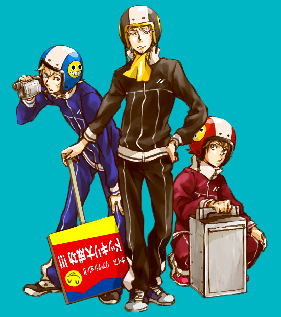 holland novak, moondoggie, renton thurston, eureka seven, eureka seven (series), 00s, 3boys, camcorder, camera, helmet, jumpsuit, male focus, multiple boys, sign, simple background, track suit, video camera