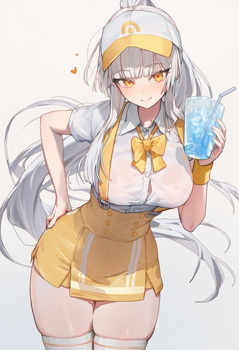 minami rio, black survival, eternal return: black survival, highres, 1girl, bow, bowtie, breasts, button gap, collared shirt, cowboy shot, cup, drink, drinking straw, facing viewer, hand on own hip, hat, heart, holding, holding cup, holding drink, illustchuki, large breasts, long hair, looking at viewer, ponytail, shirt, short sleeves, skirt, solo, suspender skirt, suspenders, thighhighs, two-tone hat, very long hair, visor cap, white hair, white hat, white shirt, white thighhighs, wristband, yellow bow, yellow bowtie, yellow hat, yellow skirt, zettai ryouiki