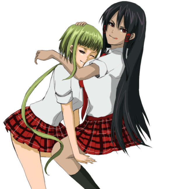 nagase kaede, tatsumiya mana, mahou sensei negima!, non-web source, 00s, 2girls, black hair, breast smother, breasts, brown eyes, dark-skinned female, dark skin, face to breasts, green hair, hug, long hair, multiple girls, necktie, one eye closed, plaid clothes, plaid skirt, ponytail, skirt, tongue, very long hair, wink, yuri