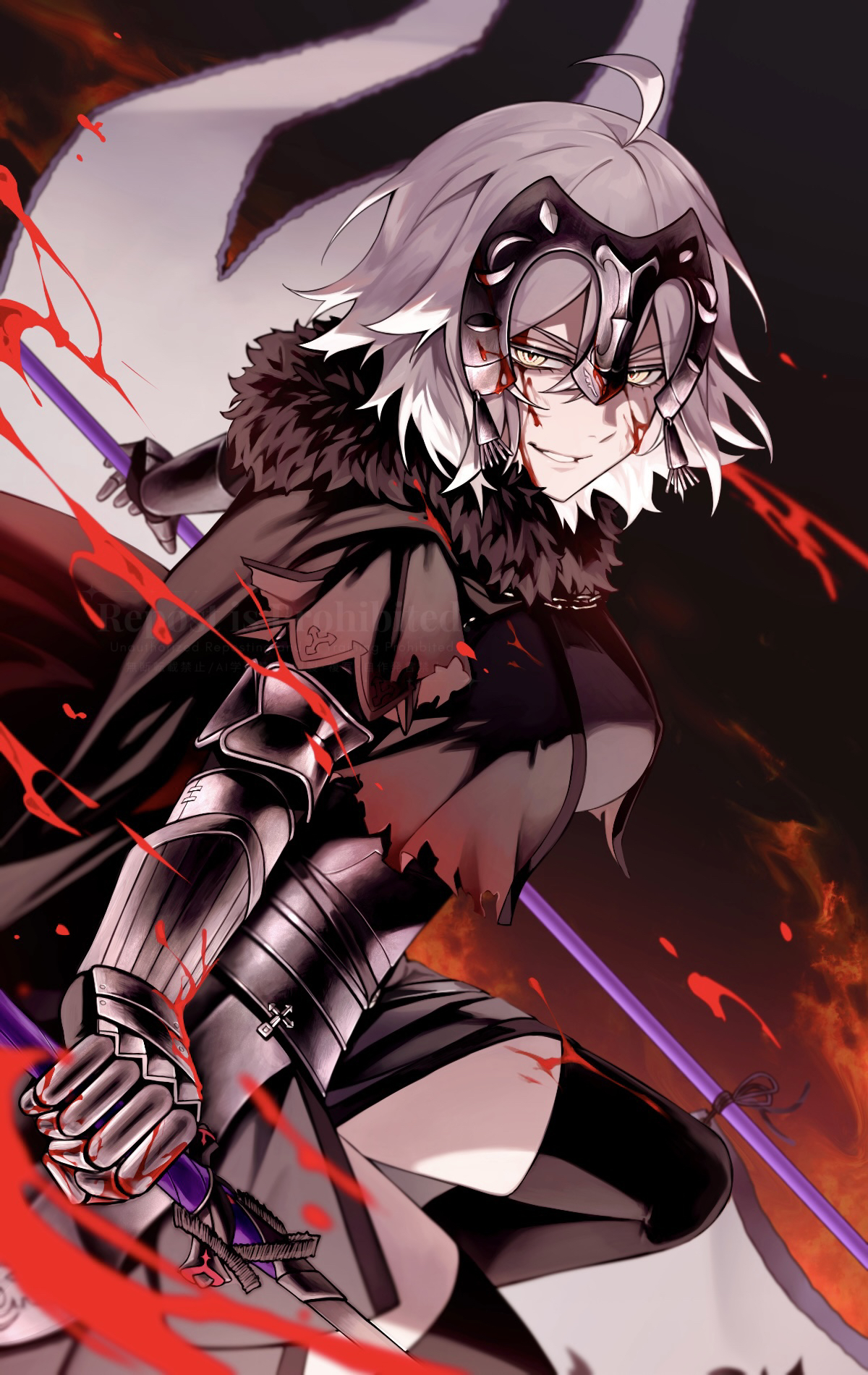 sumi (gfgf 045), jeanne d'arc alter (avenger) (fate), jeanne d'arc alter (fate), fate/grand order, fate (series), highres, 1girl, ahoge, armor, armored dress, black cloak, black dress, black thighhighs, blood, blood on face, breasts, chain, cloak, collar, dress, faulds, flag, fur-trimmed cloak, fur trim, gauntlets, grey hair, grin, headpiece, looking at viewer, metal collar, plackart, polearm, short hair, smile, solo, thighhighs, weapon, yellow eyes