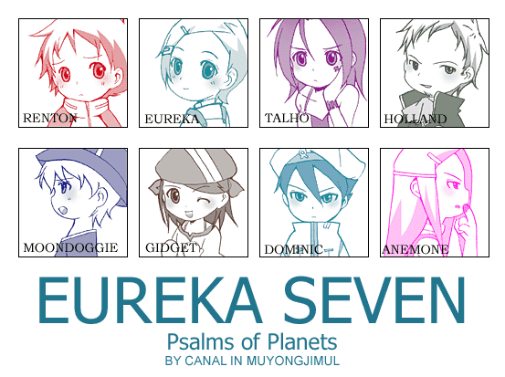 bia, anemone (eureka seven), dominic sorel, eureka (eureka seven), gidget, holland novak, moondoggie, renton thurston, talho yuuki, eureka seven, eureka seven (series), 00s, 4boys, 4girls, chibi, everyone, monochrome, multiple boys, multiple girls, multiple monochrome