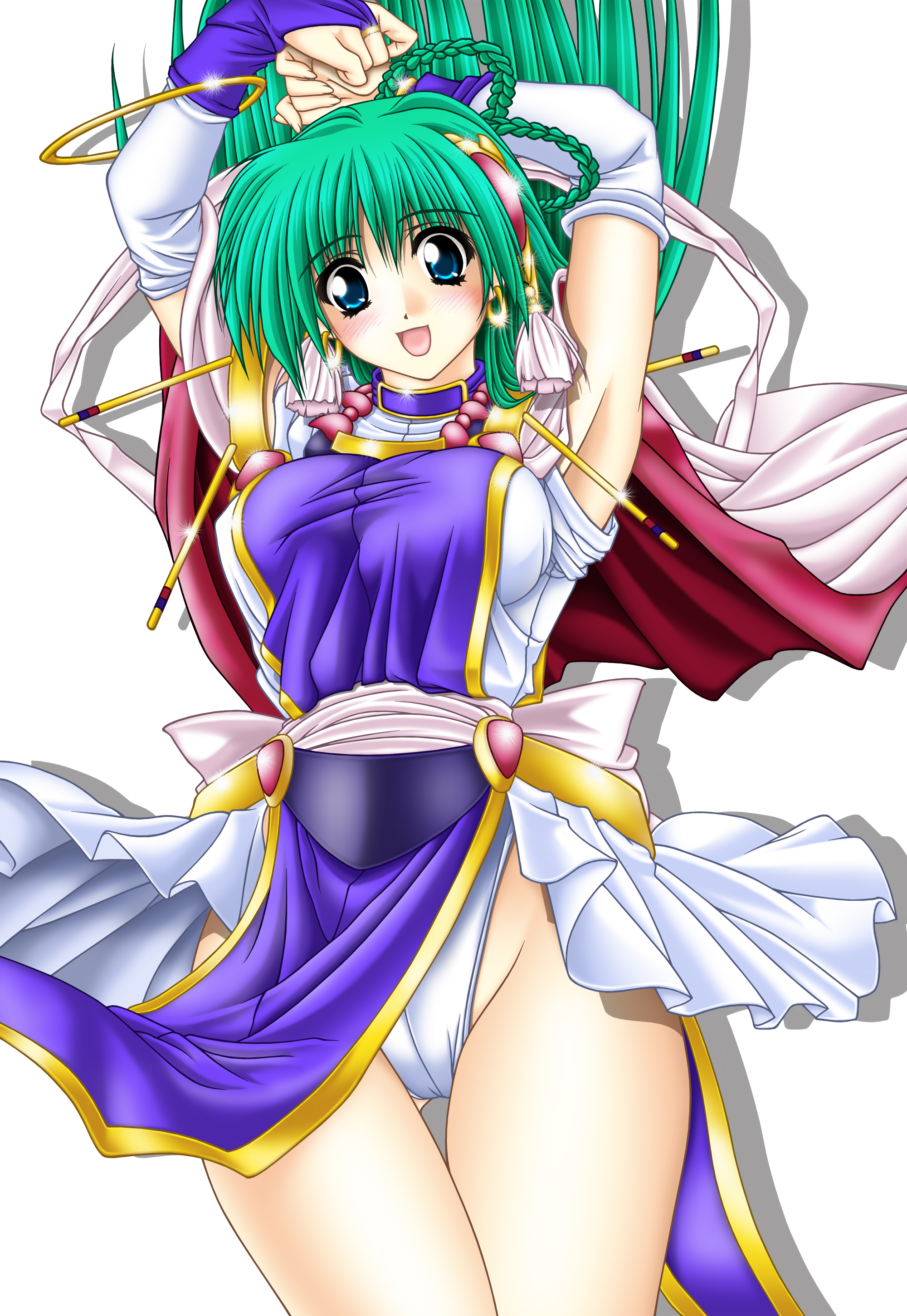 tomoya kankurou, swatty, can can bunny, can can bunny extra, absurdres, highres, 1990s (style), 1girl, armpits, blue eyes, blush, detached sleeves, earrings, elbow gloves, female focus, fingerless gloves, gloves, green hair, jewelry, open mouth, retro artstyle, smile, solo
