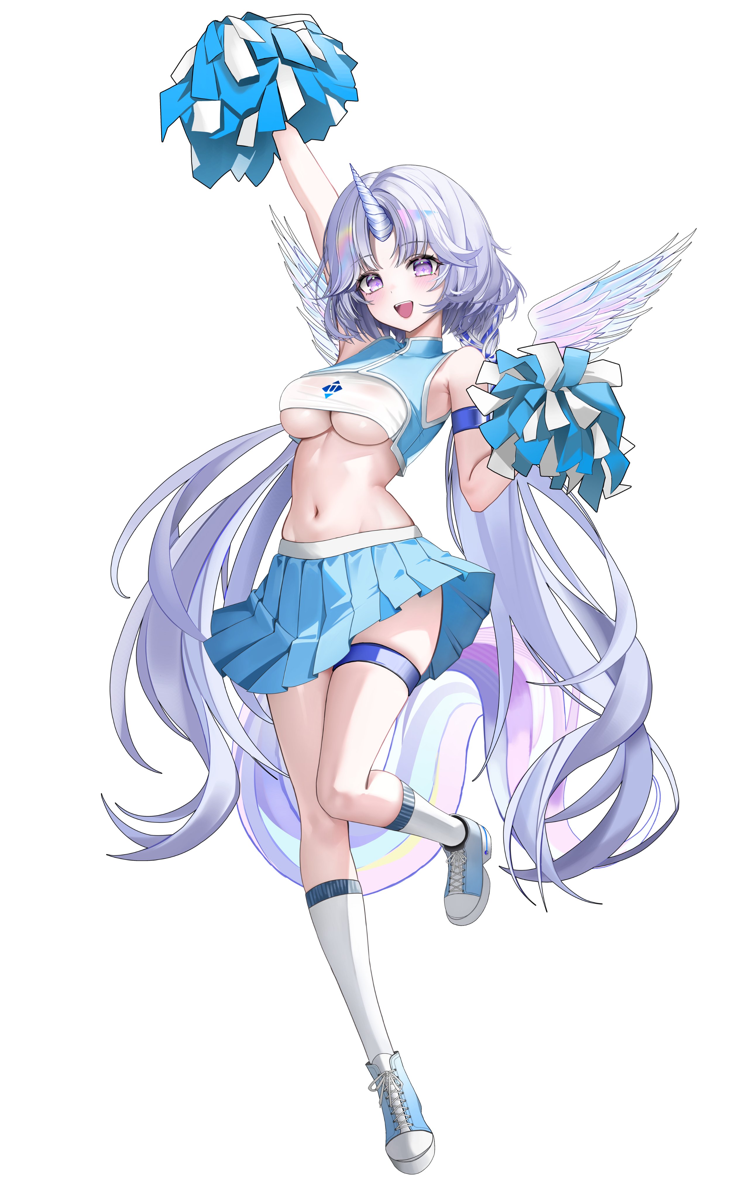 hezzu 0, ayatsuno yuni, stellive, absurdres, highres, 1girl, blue shoes, blue skirt, breasts, cheerleader, cross-shaped pupils, full body, holding, holding pom poms, horns, kneehighs, long hair, looking at viewer, multicolored hair, multicolored wings, multiple tails, navel, open mouth, pom pom (cheerleading), pom poms, shoes, single horn, skirt, smile, socks, standing, standing on one leg, stomach, symbol-shaped pupils, tail, unicorn girl, unicorn horn, very long hair, virtual youtuber, white socks, wings