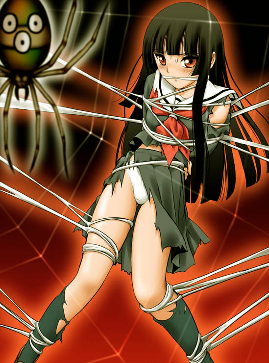 shingyouji tatsuya, enma ai, jigoku shoujo, non-web source, third-party edit, 00s, 1girl, arms behind back, assisted exposure, bare shoulders, bdsm, black hair, black serafuku, blunt bangs, bound, bug, cleave gag, cloth gag, female focus, gag, gagged, hime cut, improvised gag, long hair, midriff, panties, red eyes, restrained, school uniform, serafuku, silk, solo, spider, spider web, torn clothes, underwear
