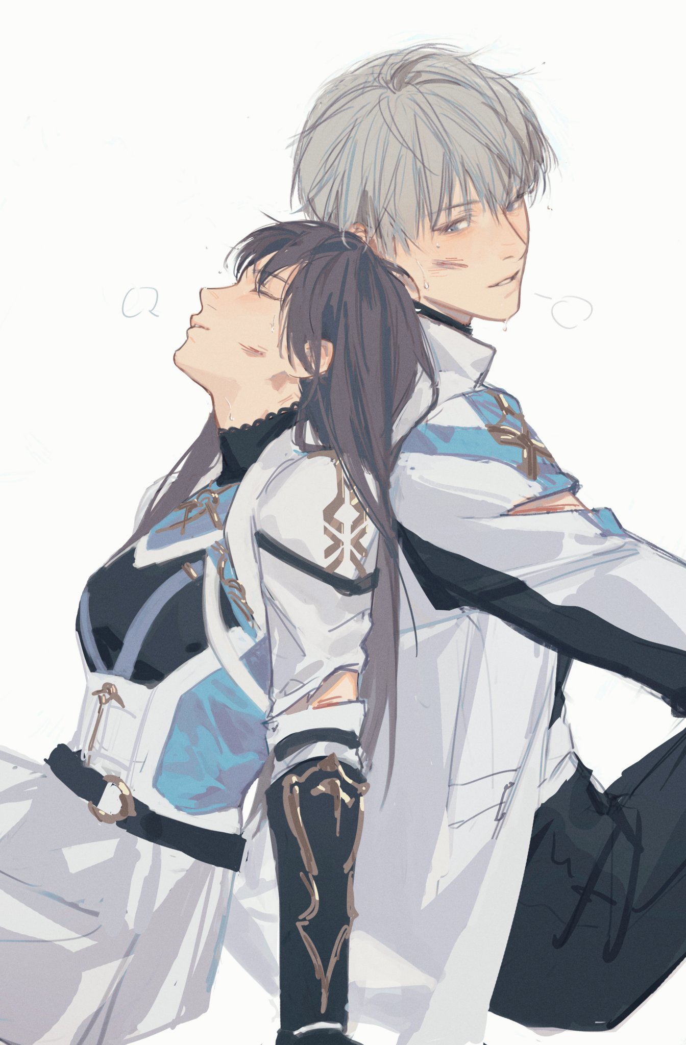 orihara0820, protagonist (love and deepspace), xavier (love and deepspace), love and deepspace, highres, 1boy, 1girl, back-to-back, black hair, black pants, blood, blood on face, blue eyes, blush, closed eyes, couple, exhausted, heavy breathing, hetero, injury, jacket, long hair, looking back, pants, parted lips, short hair, sideways glance, simple background, sitting, torn clothes, white background, white hair, white jacket