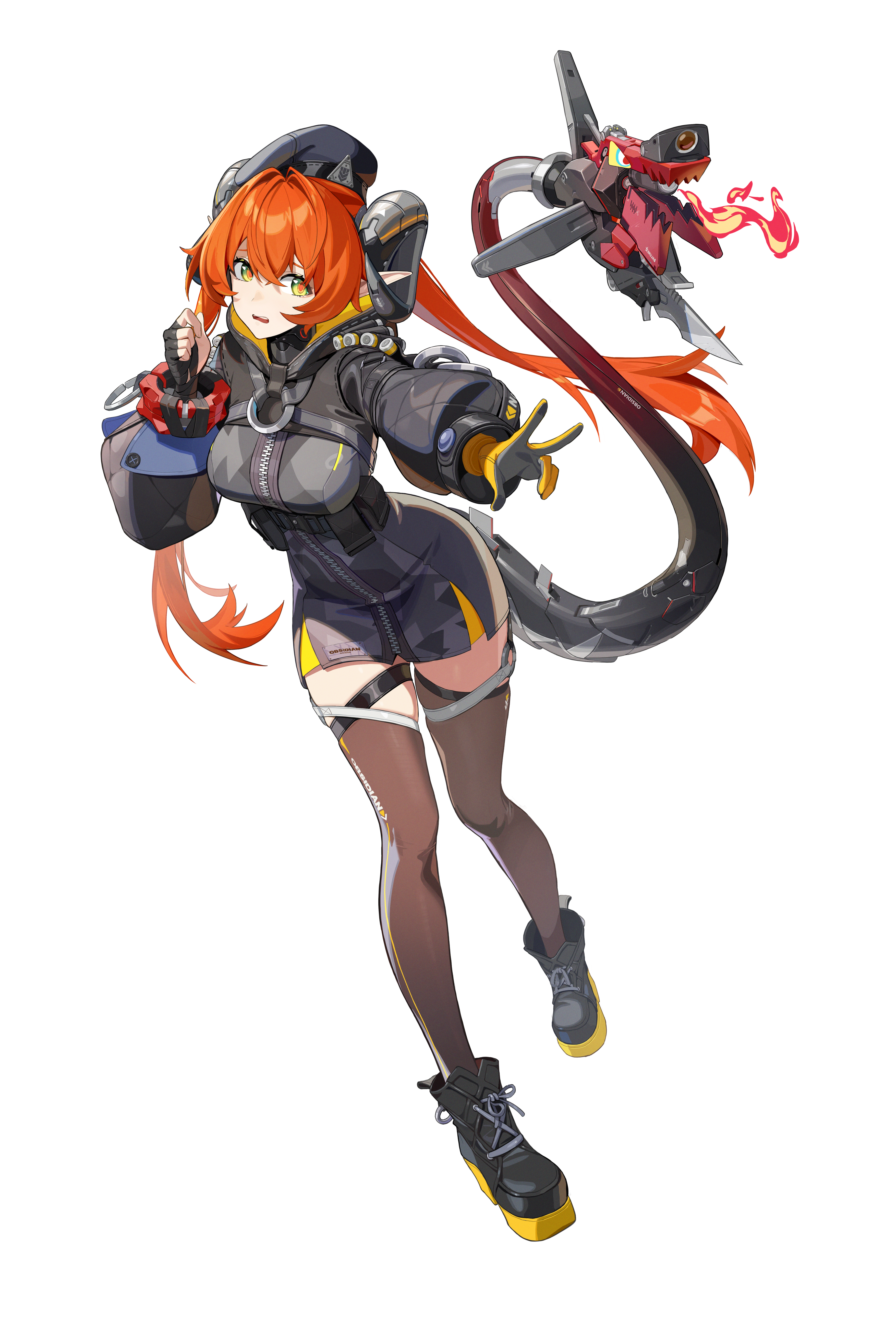 magus (zenless zone zero), orphie magnusson, zenless zone zero, absurdres, bad source, highres, official art, 1girl, asymmetrical gloves, black boots, black gloves, boots, breasts, brown thighhighs, fingerless gloves, full body, gloves, grey gloves, hair between eyes, horns, long hair, long sleeves, looking at viewer, medium breasts, mismatched gloves, open mouth, orange hair, pointy ears, solo, standing, tail, teeth, thighhighs, transparent background, two-sided gloves, two-tone gloves, upper teeth only, very long hair, yellow eyes, yellow gloves
