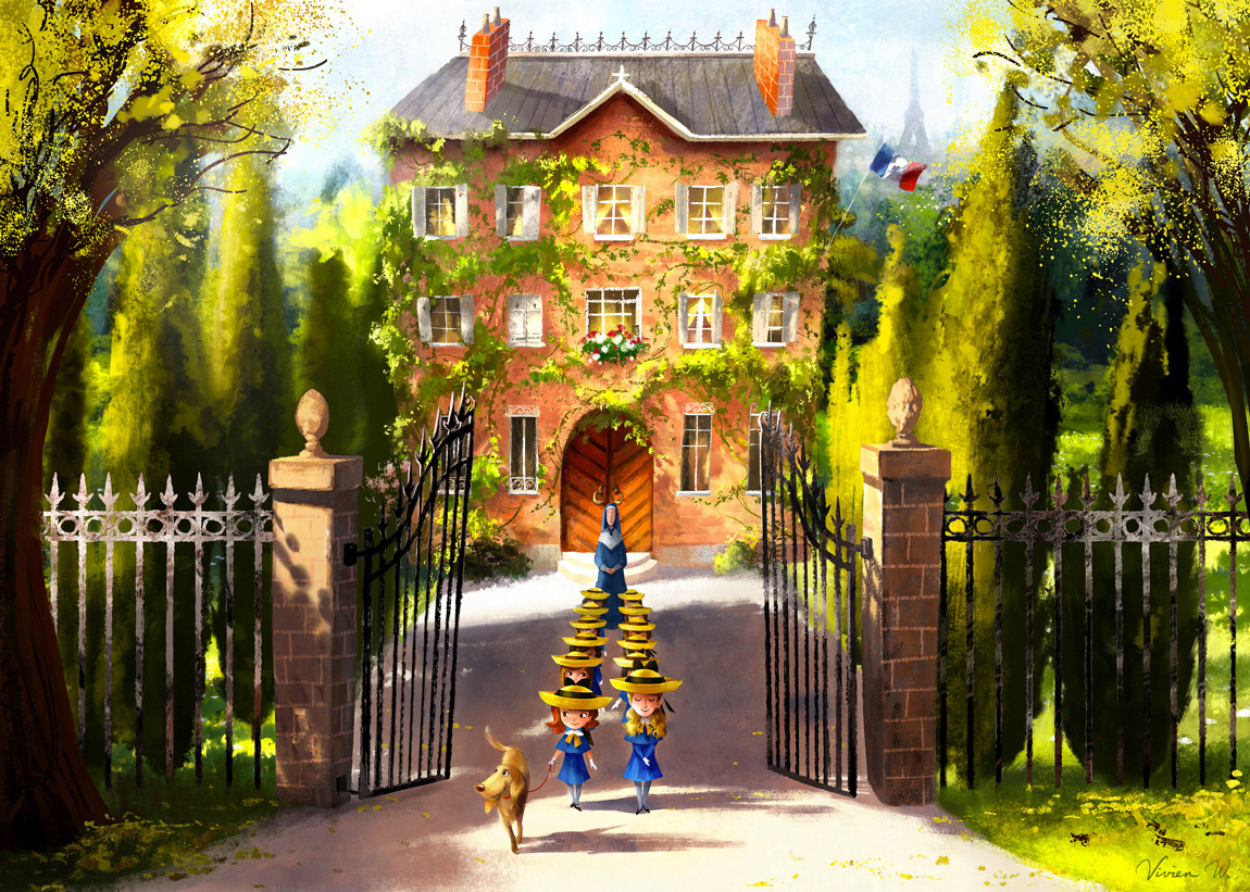 madeline fogg, miss clavel, 6+girls, amy (madeline), animal, anne (madeline), arch, artist name, atmospheric perspective, black ribbon, black shoes, blonde hair, blue dress, blurry, brown hair, building, chimney, chloe (madeline), closed eyes, closed mouth, cornice, day, dog, door, door knocker, dress, eiffel tower, ellie (madeline), european architecture, fence, finial, france, french flag, gable roof, gate, genevieve (madeline), gloves, grass, grey pantyhose, hat, hat ribbon, janine (madeline), long hair, long sleeves, looking at another, lulu (madeline), madeline (book), multiple girls, nicole (madeline), nona (madeline), nun, orange hair, outdoors, pantyhose, pet walking, plant, red leash, ribbon, scenery, shadow, shoes, signature, simone (madeline), sky, smile, standing, straw hat, sylvie (madeline), tree, very wide shot, vines, vivien wu, white gloves, wide shot, window, window box, yellow hat, yvette (madeline)