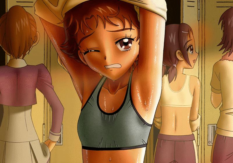 natsuhina, natsuki rin, precure, yes! precure 5, 00s, 4girls, armpits, bra, brown eyes, brown hair, eyelashes, lingerie, locker, locker room, multiple girls, school uniform, serafuku, shiny skin, short hair, sports bra, sweat, underwear, undressing, wince