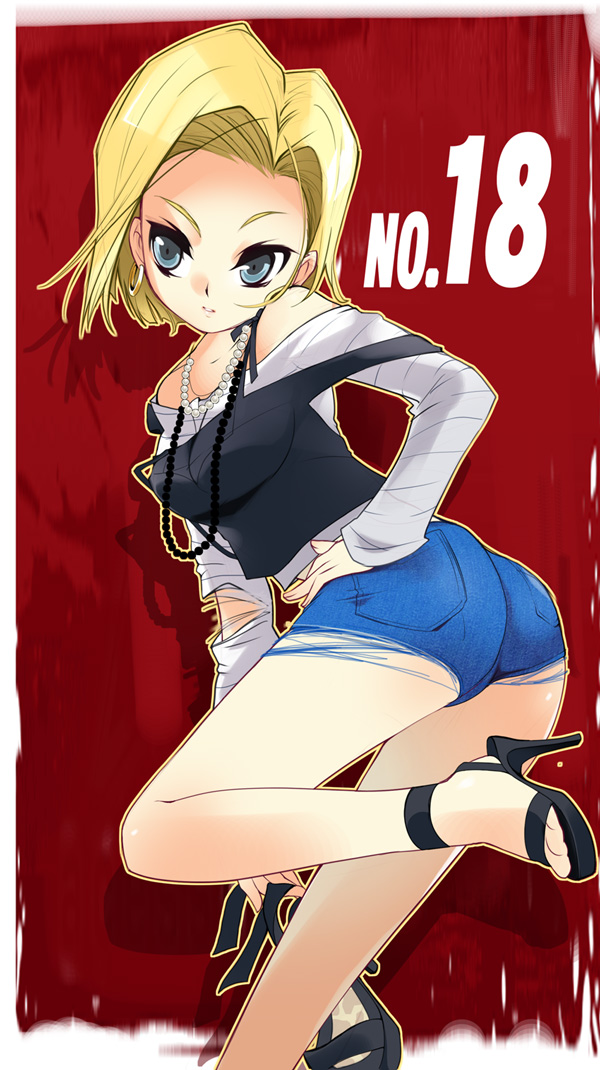 room603, android 18, dragon ball, dragonball z, 1girl, blonde hair, blue eyes, denim, denim shorts, earrings, female focus, gem, high heel sandals, high heels, jewelry, necklace, pearl (gemstone), pearl necklace, sandals, shoes, short hair, shorts, solo