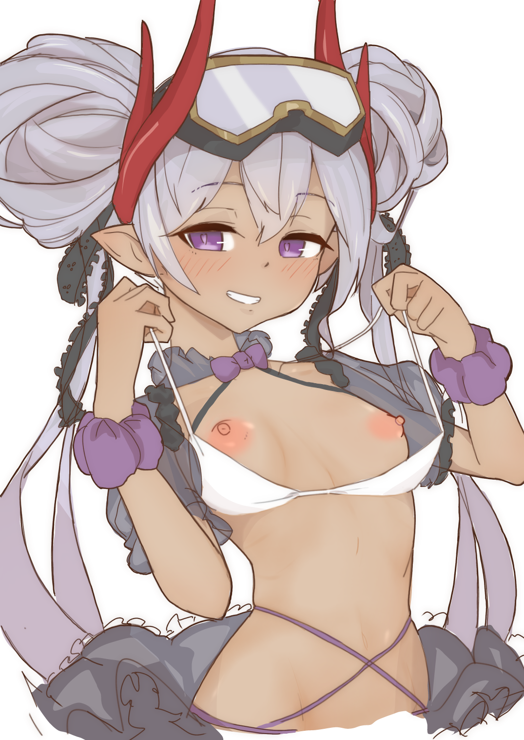 dokka no dareka, veroah (p&d), puzzle & dragons, commentary request, highres, 1girl, bikini, blush, bow, bowtie, cropped torso, detached sleeves, double bun, flat chest, goggles, goggles on head, grey hair, hair bun, horns, looking at viewer, nipples, open clothes, pointy ears, purple bow, purple eyes, red horns, scrunchie, short sleeves, smirk, solo, stomach, swimsuit, undressing, untied bikini top, upper body, white background, white bikini, wrist scrunchie