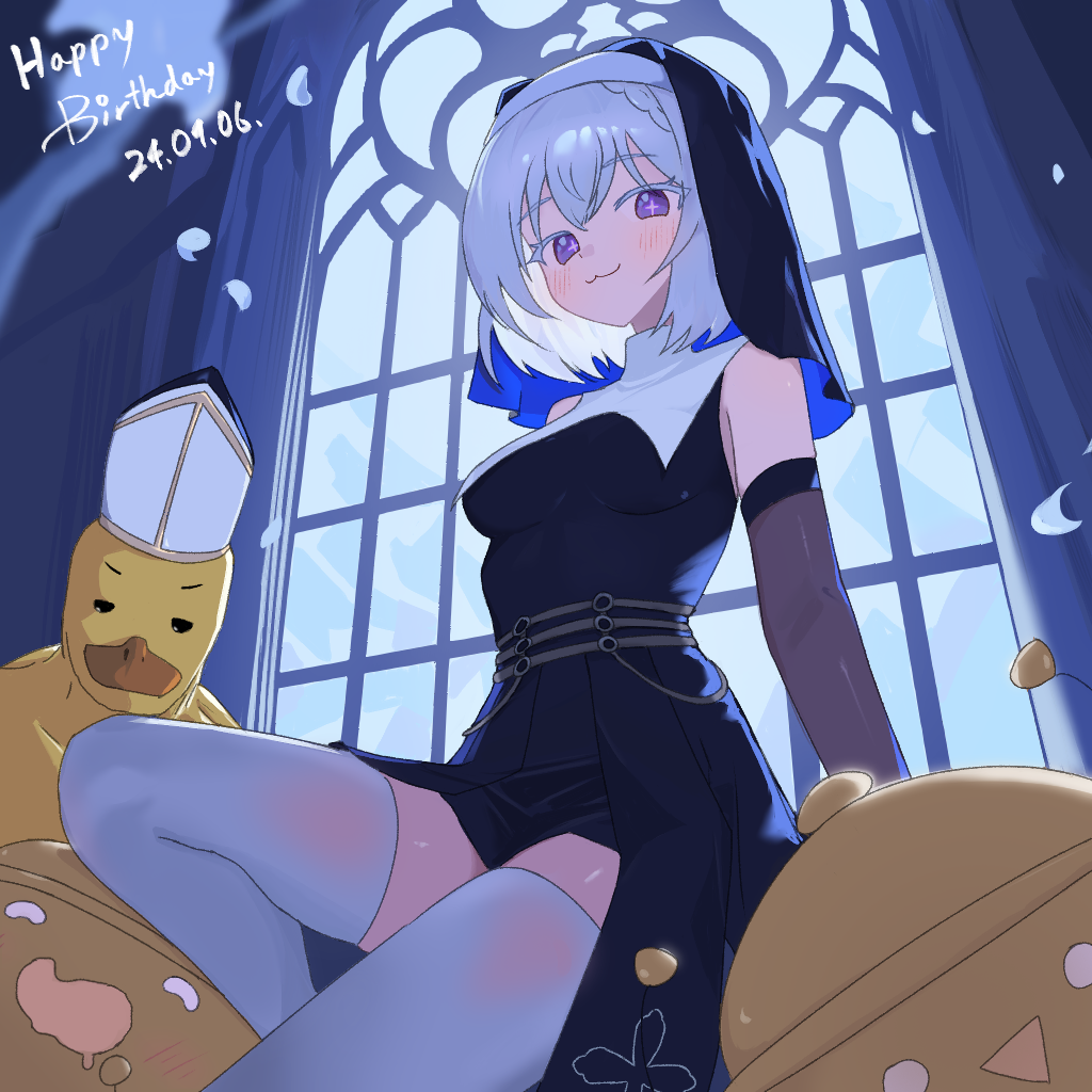 wingcat, terri nunna, stardays, commentary, 1girl, 1other, :3, bare shoulders, bird, black dress, black eyes, black gloves, blush, braid, breasts, closed mouth, coif, collar, colored skin, cross, cross-shaped pupils, day, detached sleeves, dot nose, dress, duck, elbow gloves, english text, feet out of frame, fishnet sleeves, fishnets, from below, gloves, hair between eyes, hat, indoors, looking at viewer, medium breasts, medium hair, mitre, nun, personification, petals, purple eyes, raised eyebrows, sitting, sky, smile, solo focus, symbol-shaped pupils, thighhighs, thighs, veil, white collar, white hair, white petals, white thighhighs, window, yellow skin