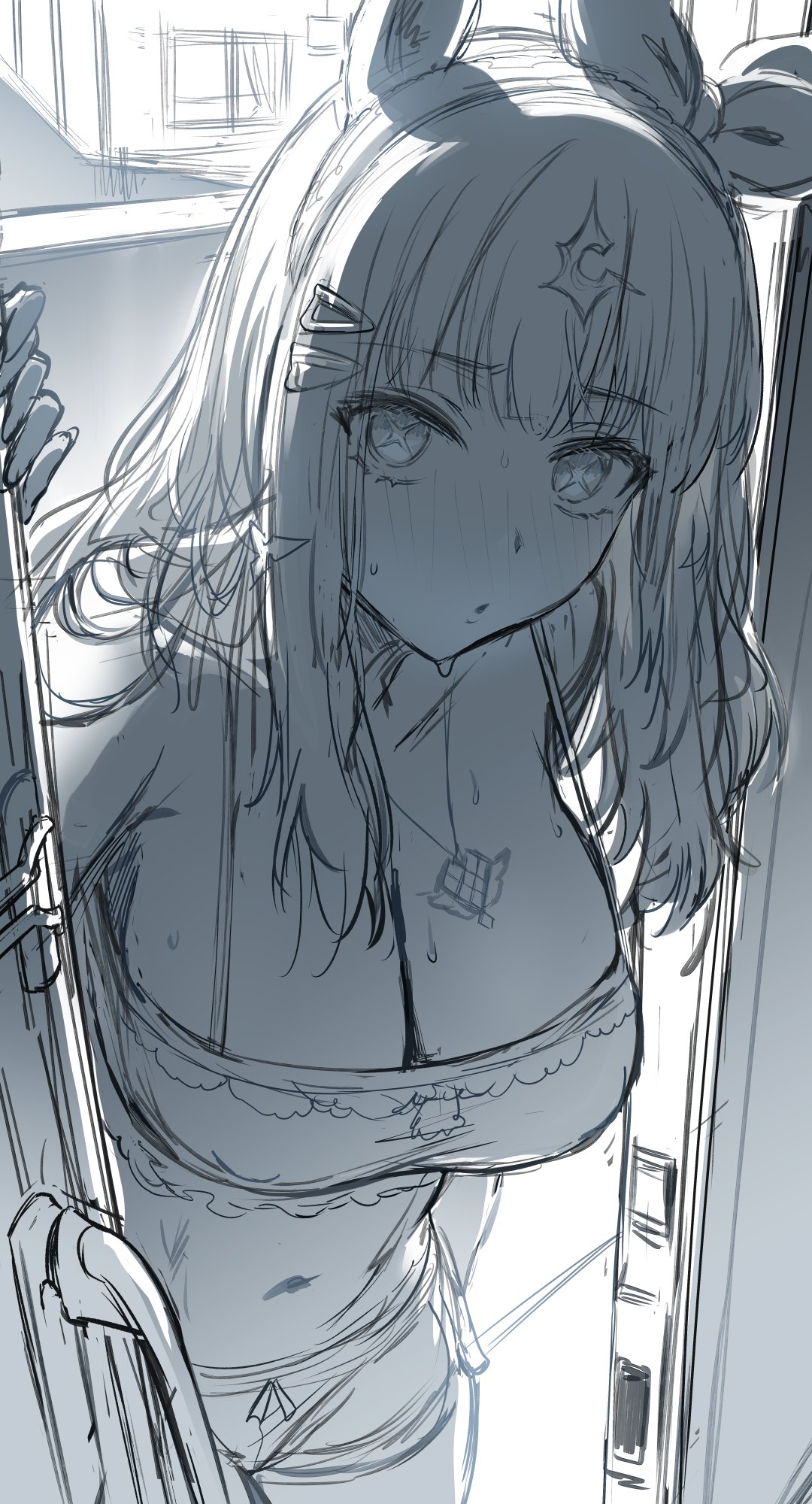 hews, almond eye (umamusume), umamusume, character request, commentary, english commentary, highres, 1girl, animal ears, breasts, cleavage, crop top, doorway, drawstring, horse ears, horse girl, horse tail, large breasts, micro shorts, navel, open door, pov doorway, shorts, solo, tail