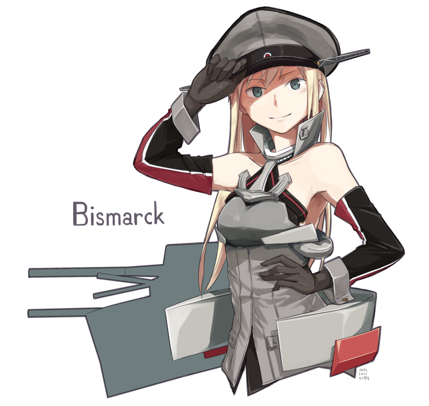 kawashina (momen silicon), bismarck (kancolle), kantai collection, commentary, 1girl, bare shoulders, black gloves, blonde hair, blue eyes, breasts, character name, cropped torso, detached sleeves, gloves, hair between eyes, hand on headwear, hand on own hip, hat, long hair, looking at viewer, medium breasts, military uniform, peaked cap, rigging, simple background, solo, white background