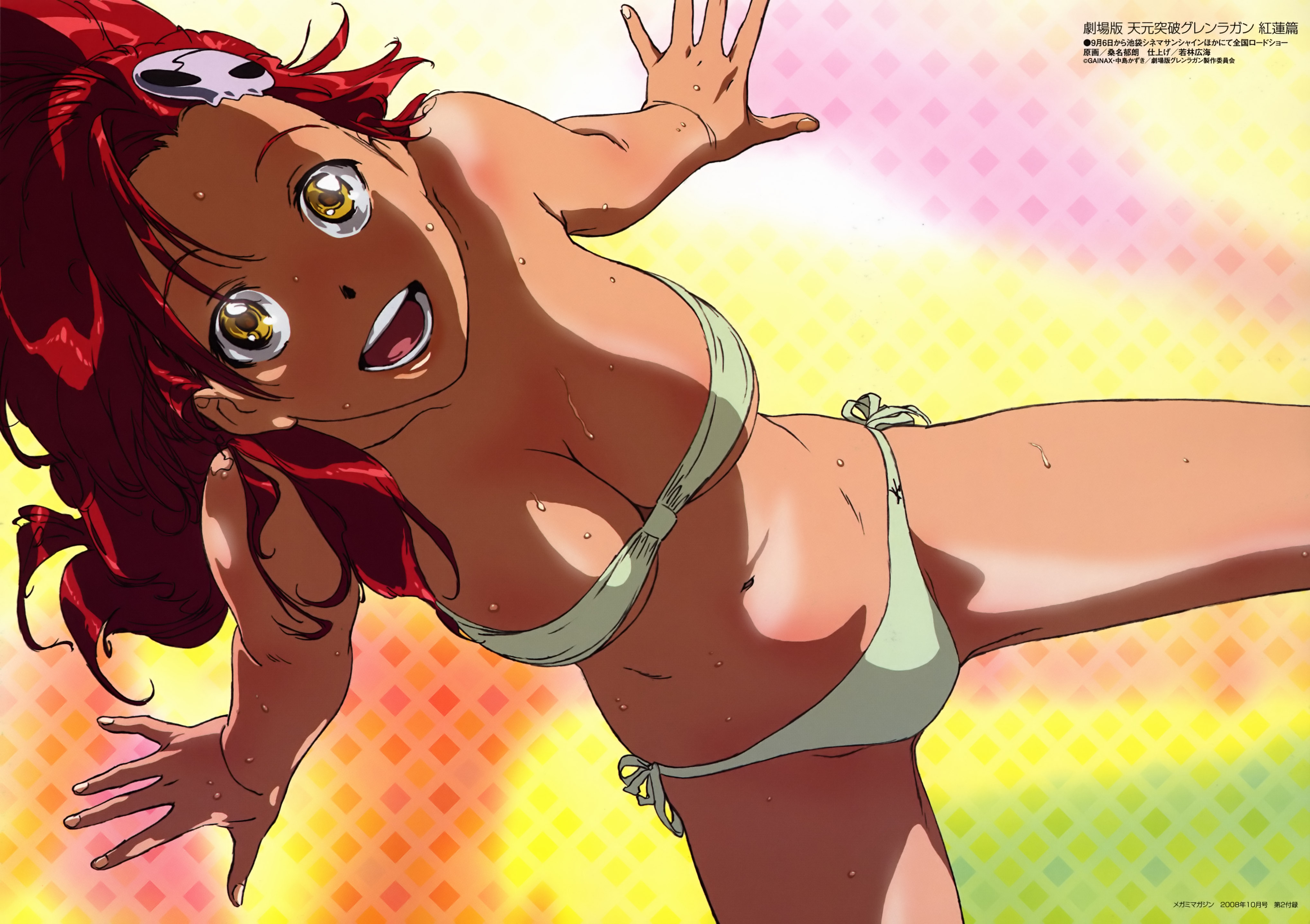 kuwana ikuo, yoko littner, megami magazine, tengen toppa gurren lagann, absurdres, duplicate, highres, scan, 00s, 1girl, bandeau, breasts, cleavage, female focus, hair ornament, hairpin, long hair, looking up, ponytail, red hair, smile, solo, strapless, tube top, yellow eyes